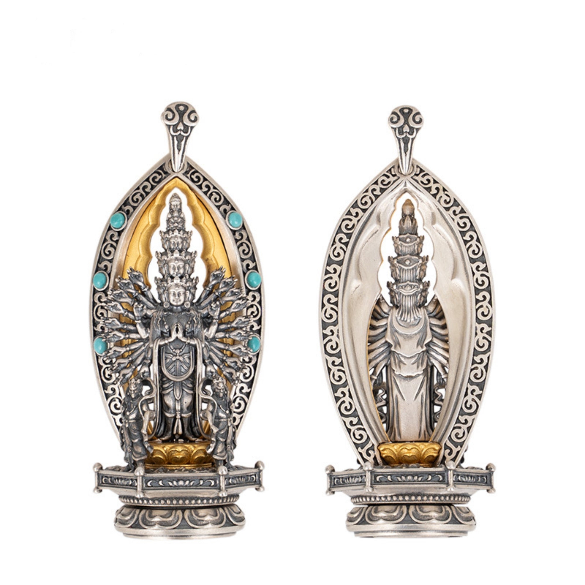 Tibetan Buddhist Thousand-Armed Avalokiteshvara Turquoise Sterling Silver Pendant