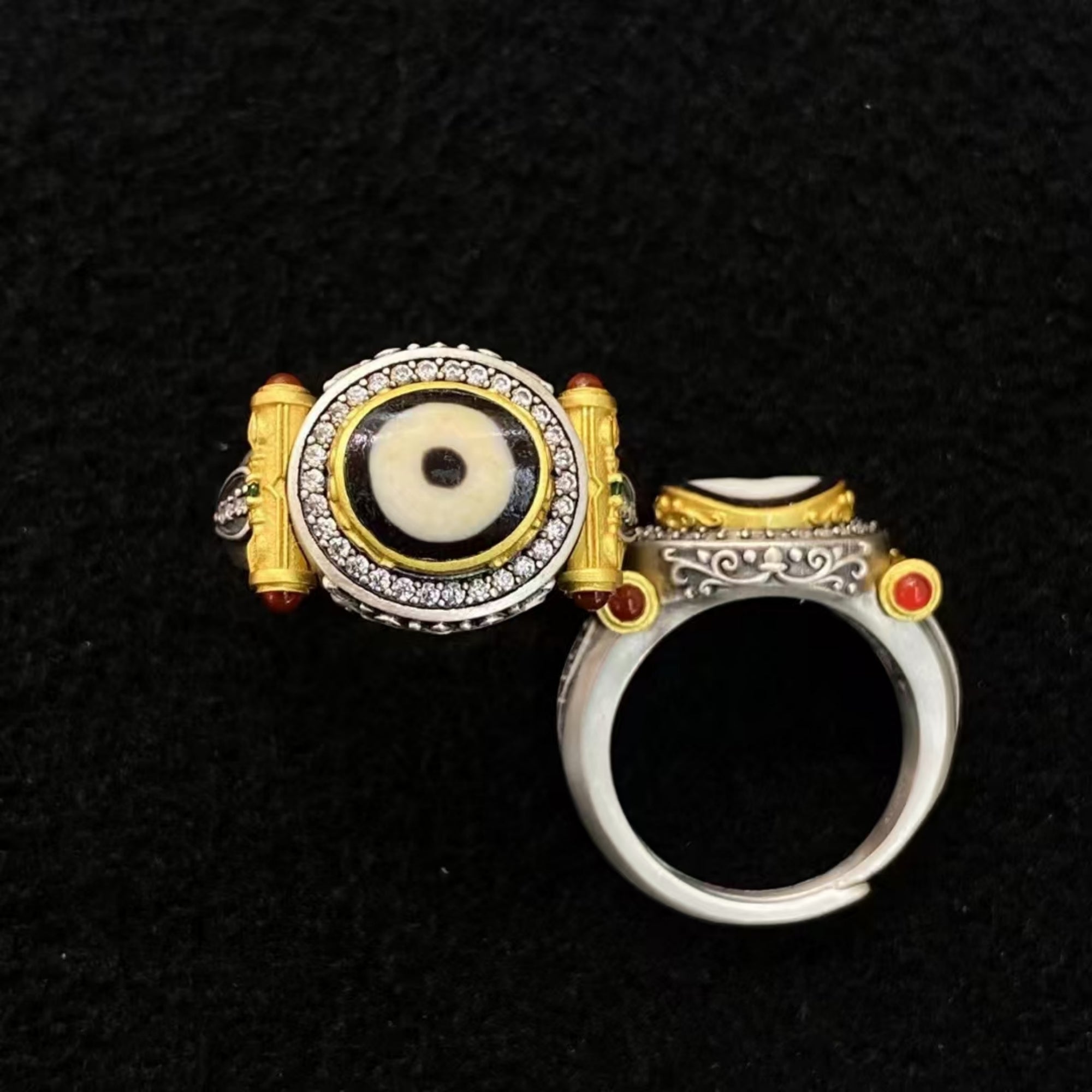 Tibetan Buddhist Vajra Dzi Crystal Silver Ring