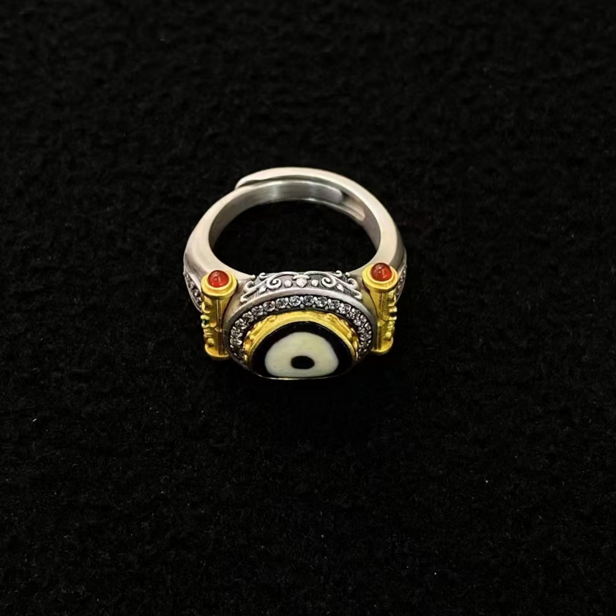 Tibetan Buddhist Vajra Dzi Crystal Silver Ring