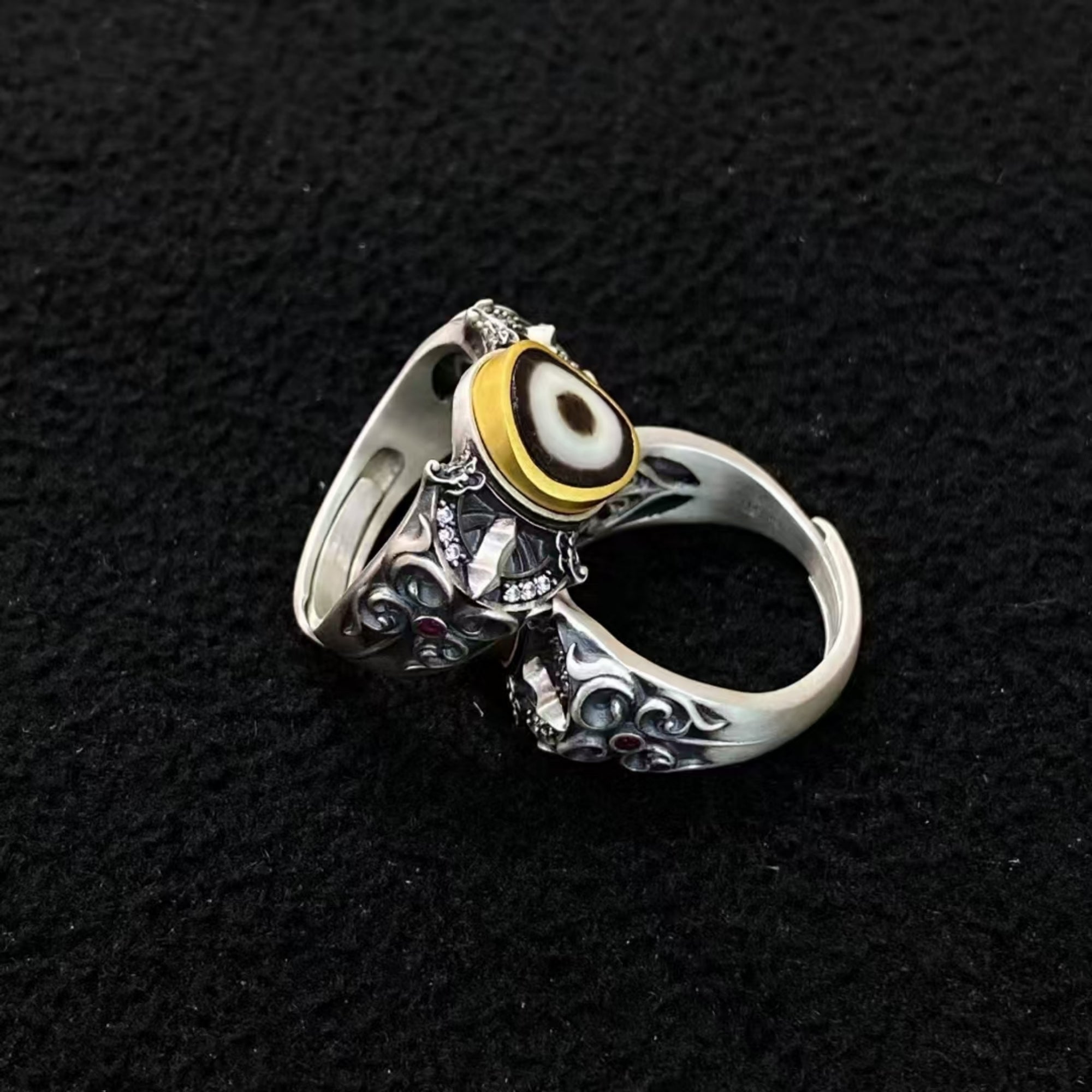 Tibetan Buddhist Vajra Dzi Silver Ring