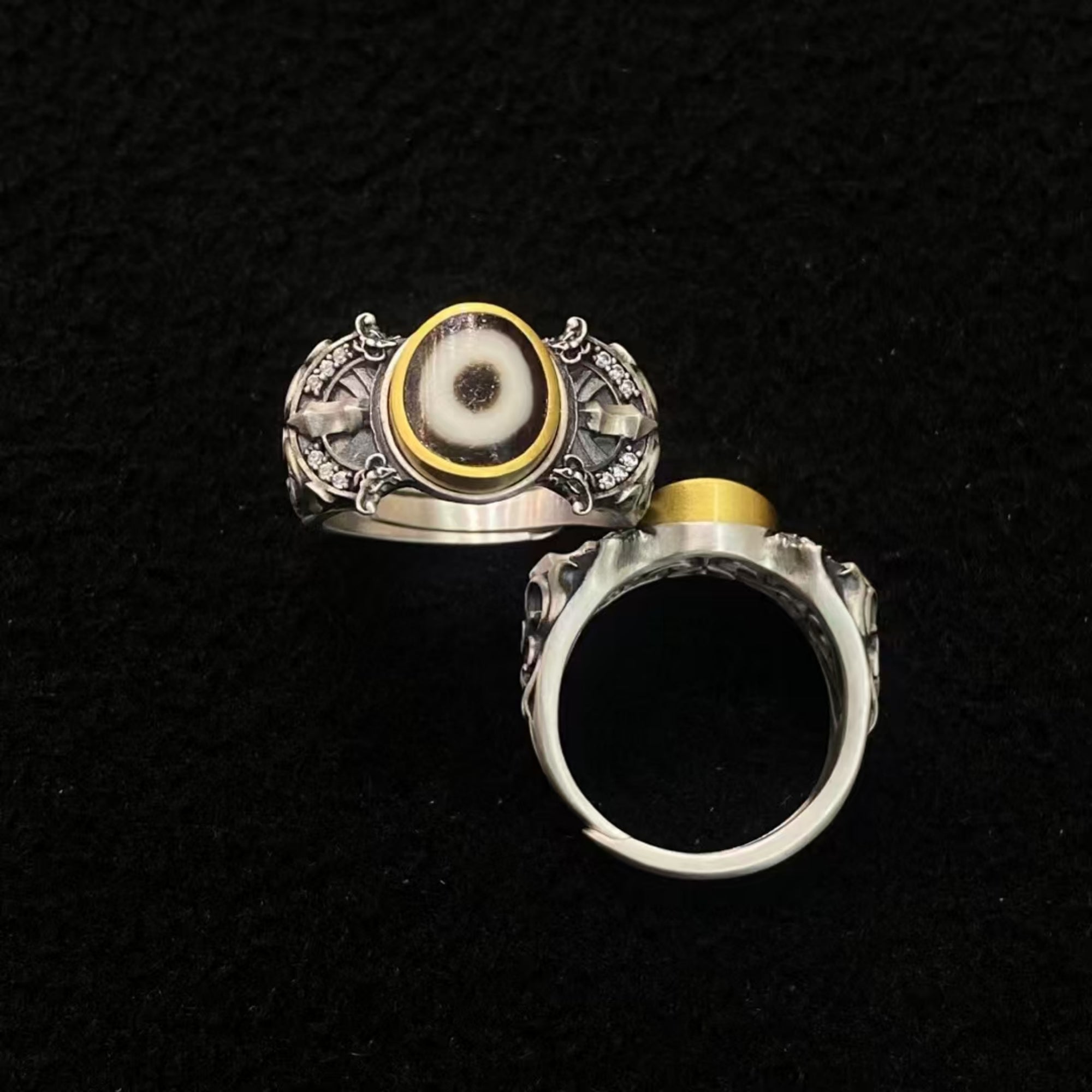 Tibetan Buddhist Vajra Dzi Silver Ring