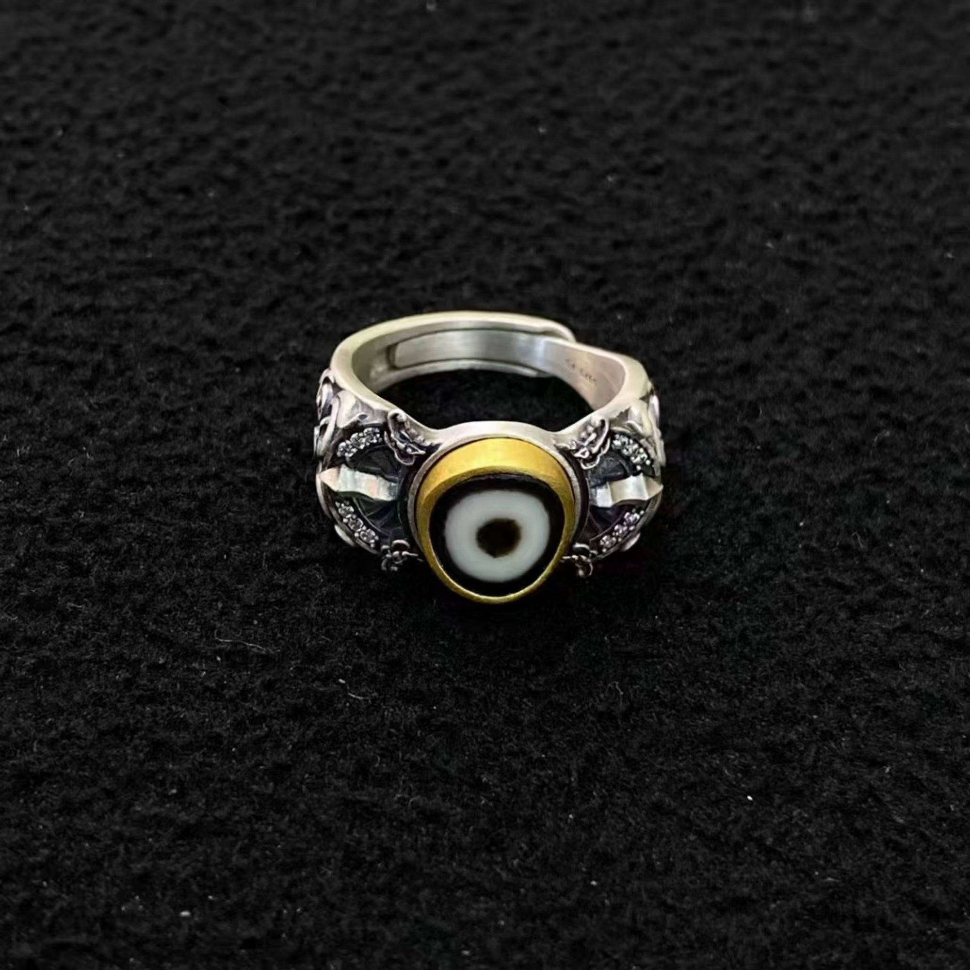 Tibetan Buddhist Vajra Dzi Silver Ring