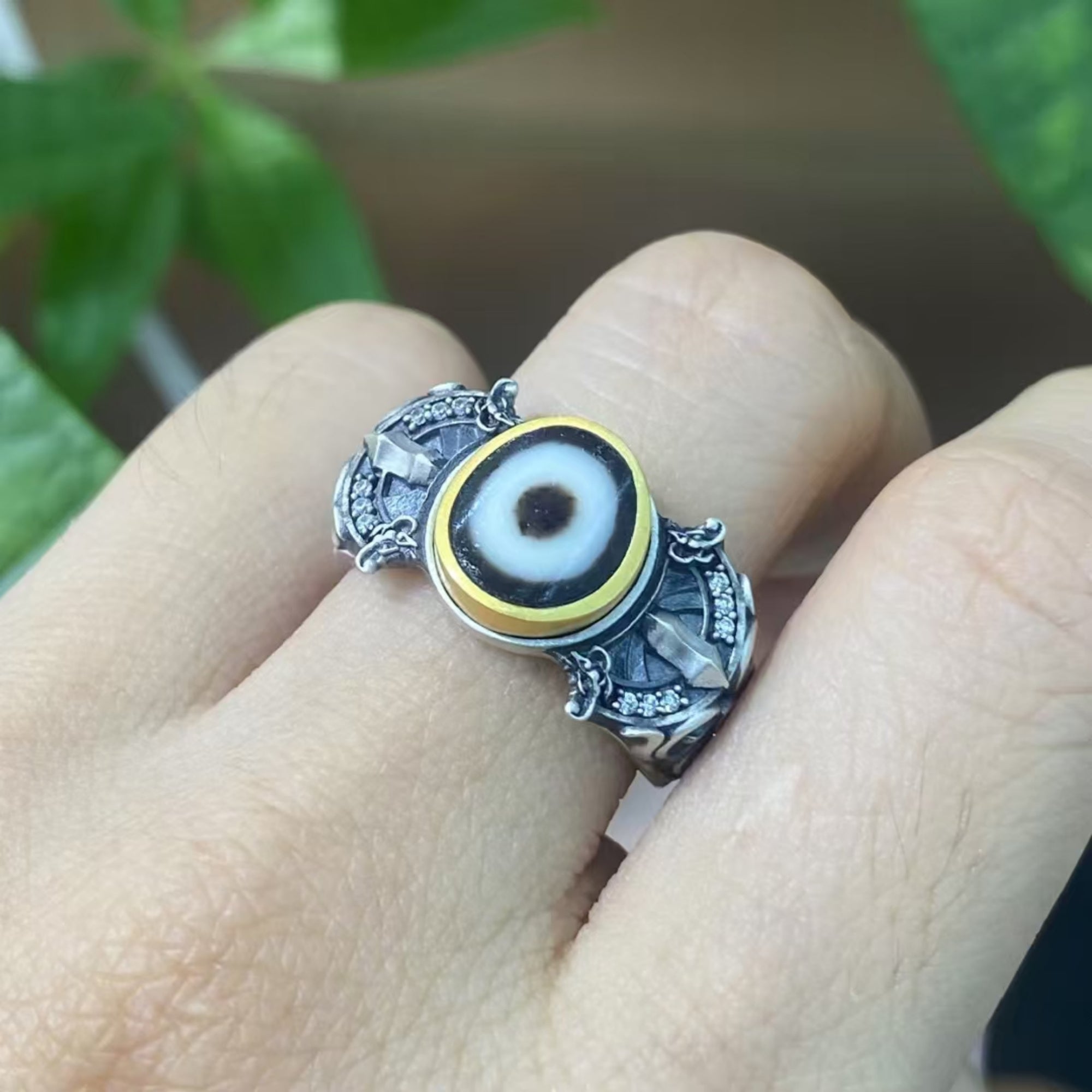 Tibetan Buddhist Vajra Dzi Silver Ring