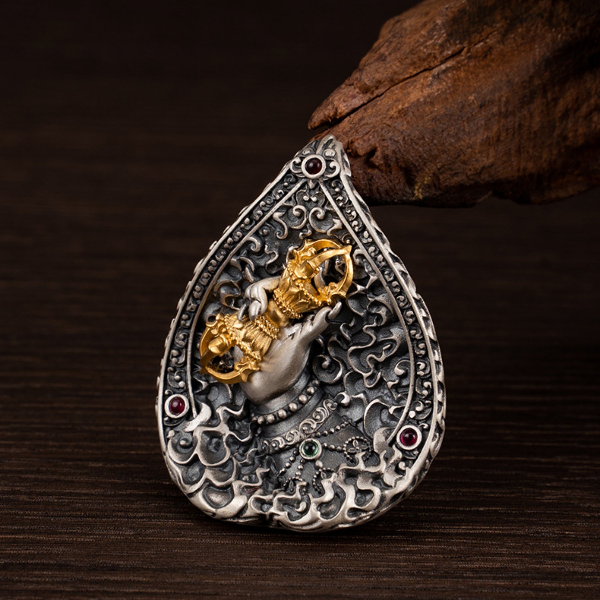 Tibetan Buddhist Vajra Hand Sterling Silver Gemstone Pendant