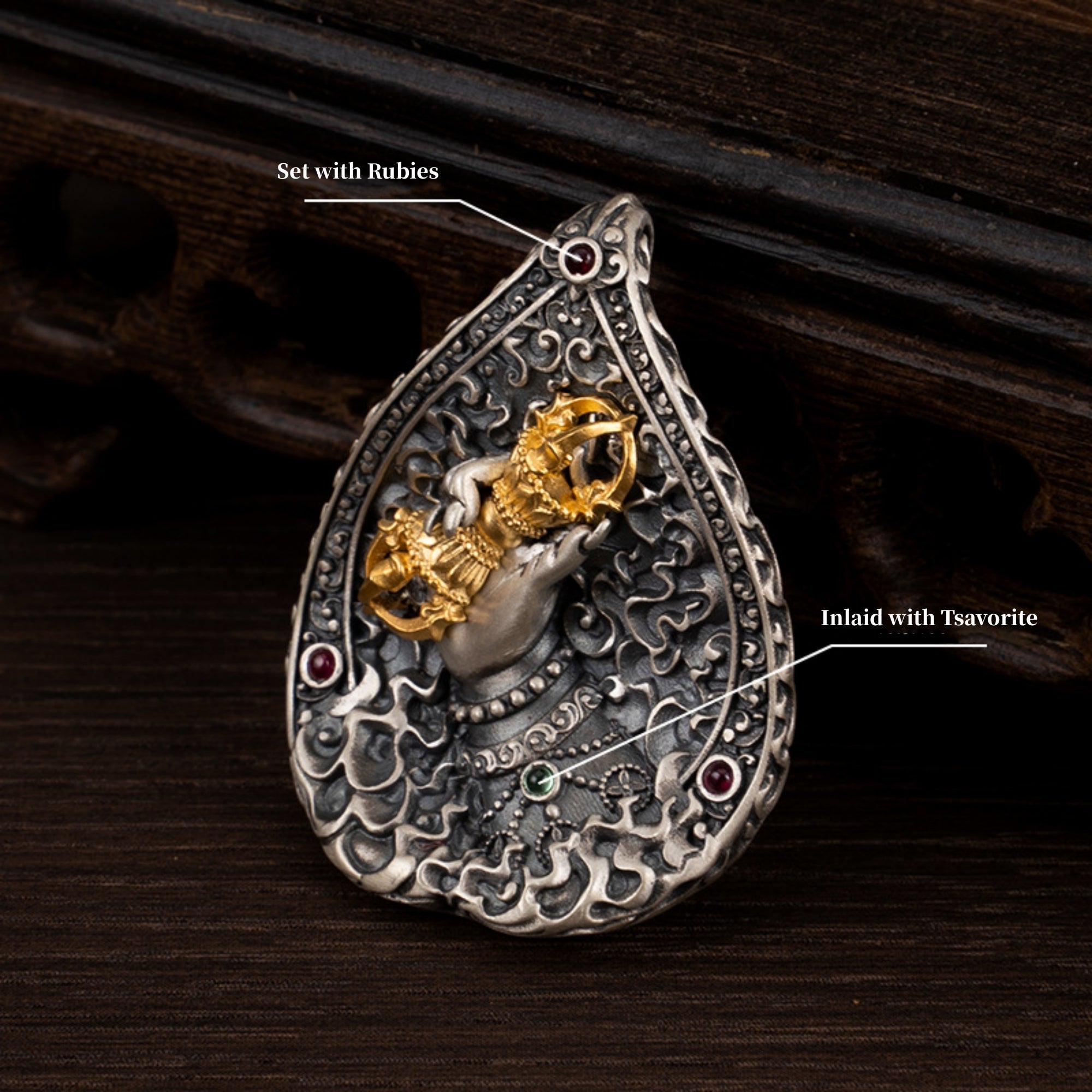 Tibetan Buddhist Vajra Hand Sterling Silver Gemstone Pendant