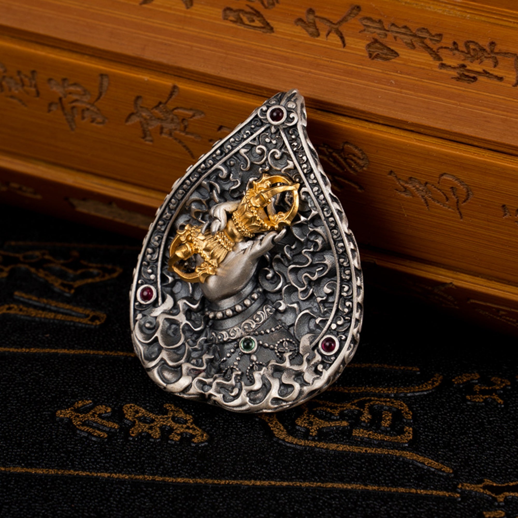 Tibetan Buddhist Vajra Hand Sterling Silver Gemstone Pendant