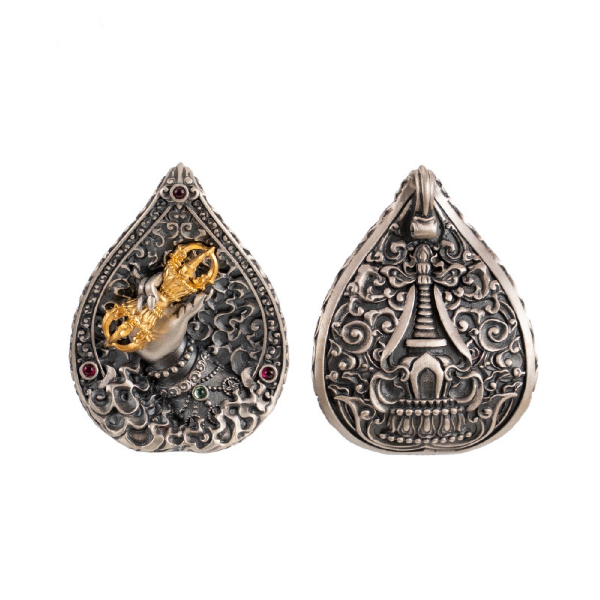 Tibetan Buddhist Vajra Hand Sterling Silver Gemstone Pendant