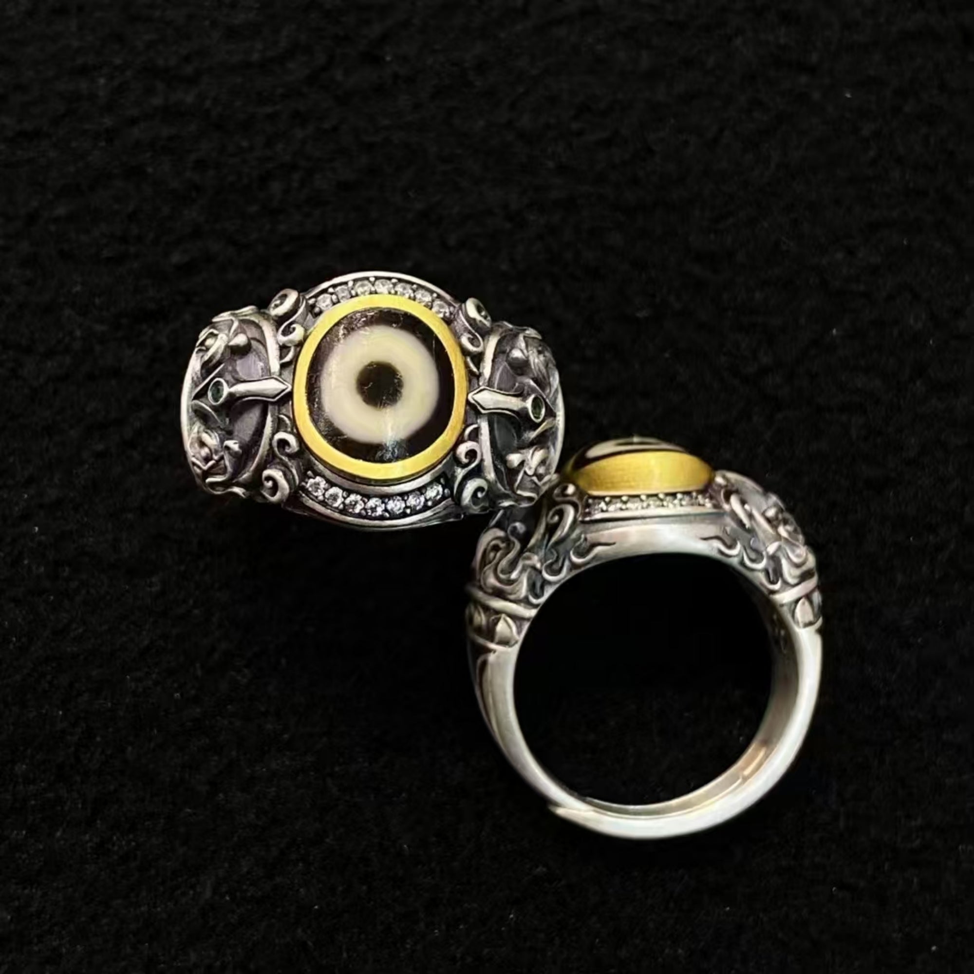 Tibetan Buddhist Vajrakilaya Silver Ritual Ring with Dzi Bead
