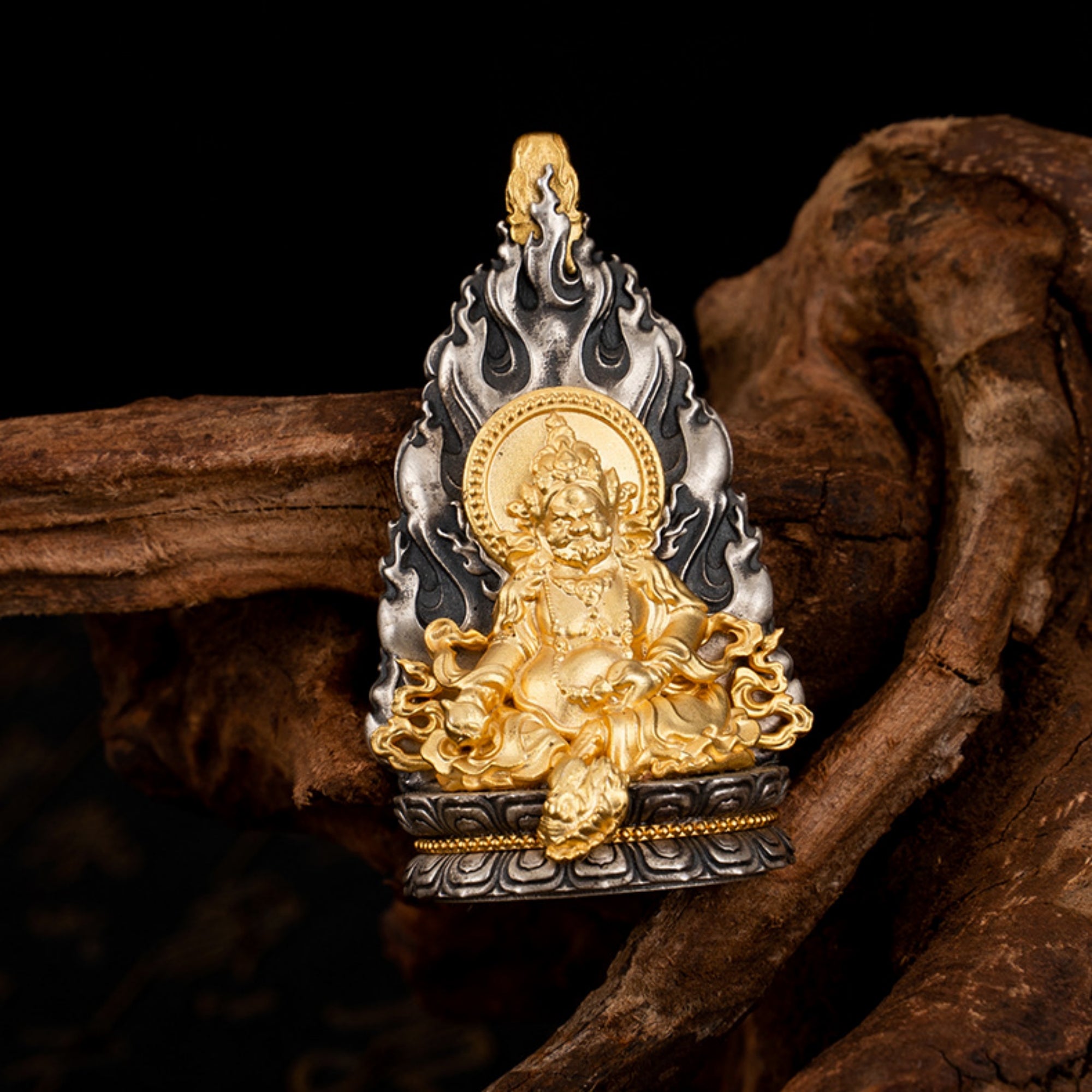 Tibetan Buddhist Yellow Jambhala Deity Sterling Silver Pendant