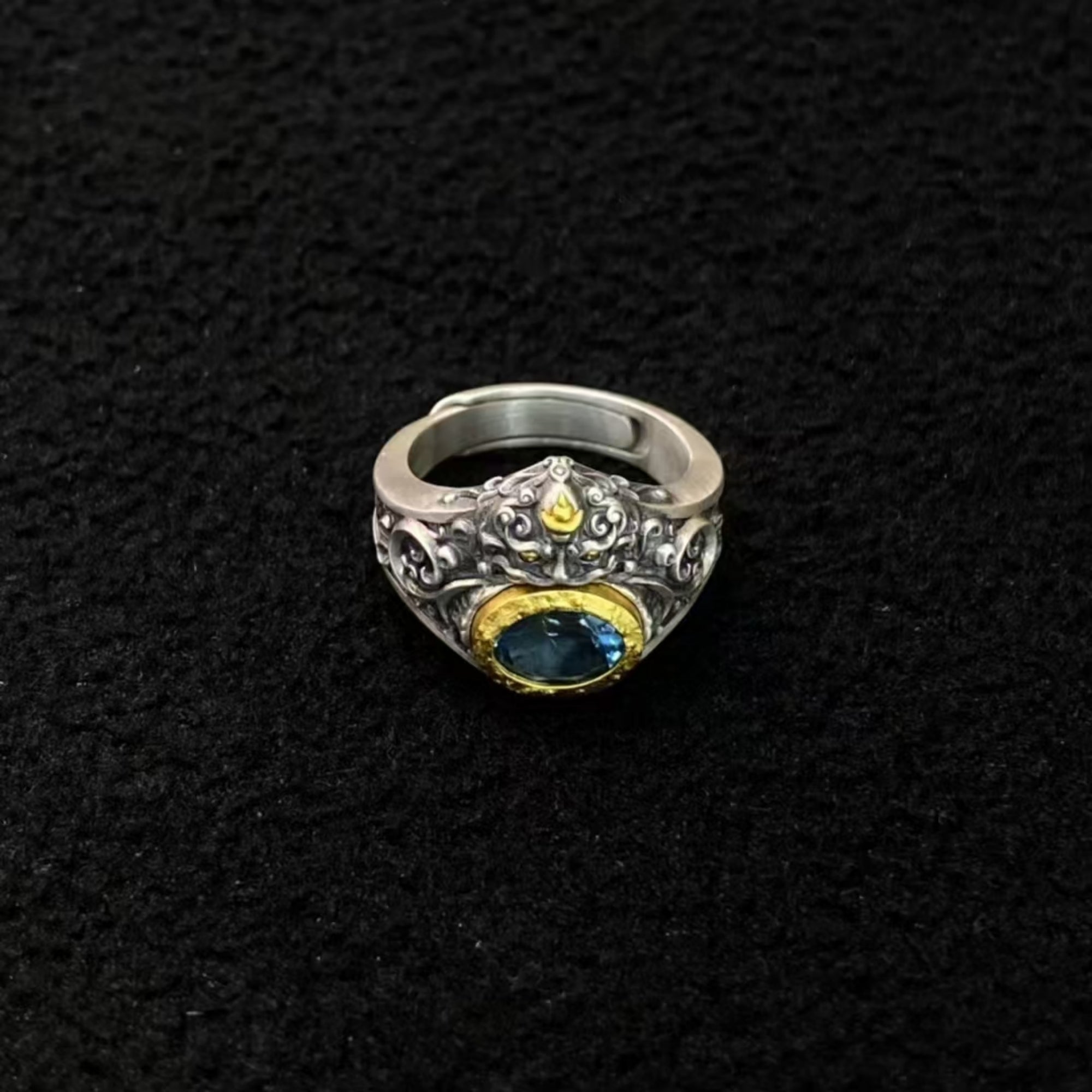 Tibetan Buddhist Zhibazha Sapphire Silver Ring