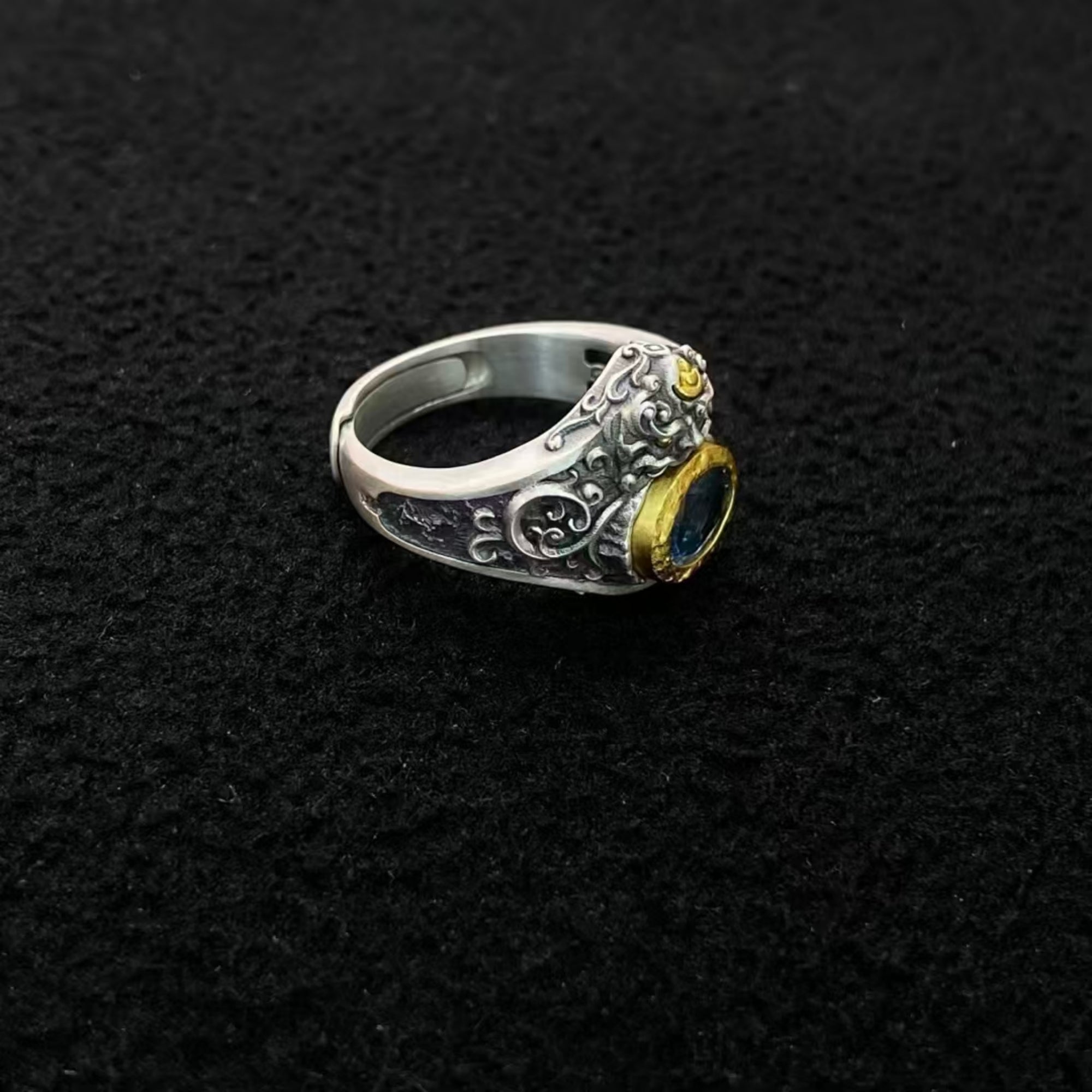 Tibetan Buddhist Zhibazha Sapphire Silver Ring