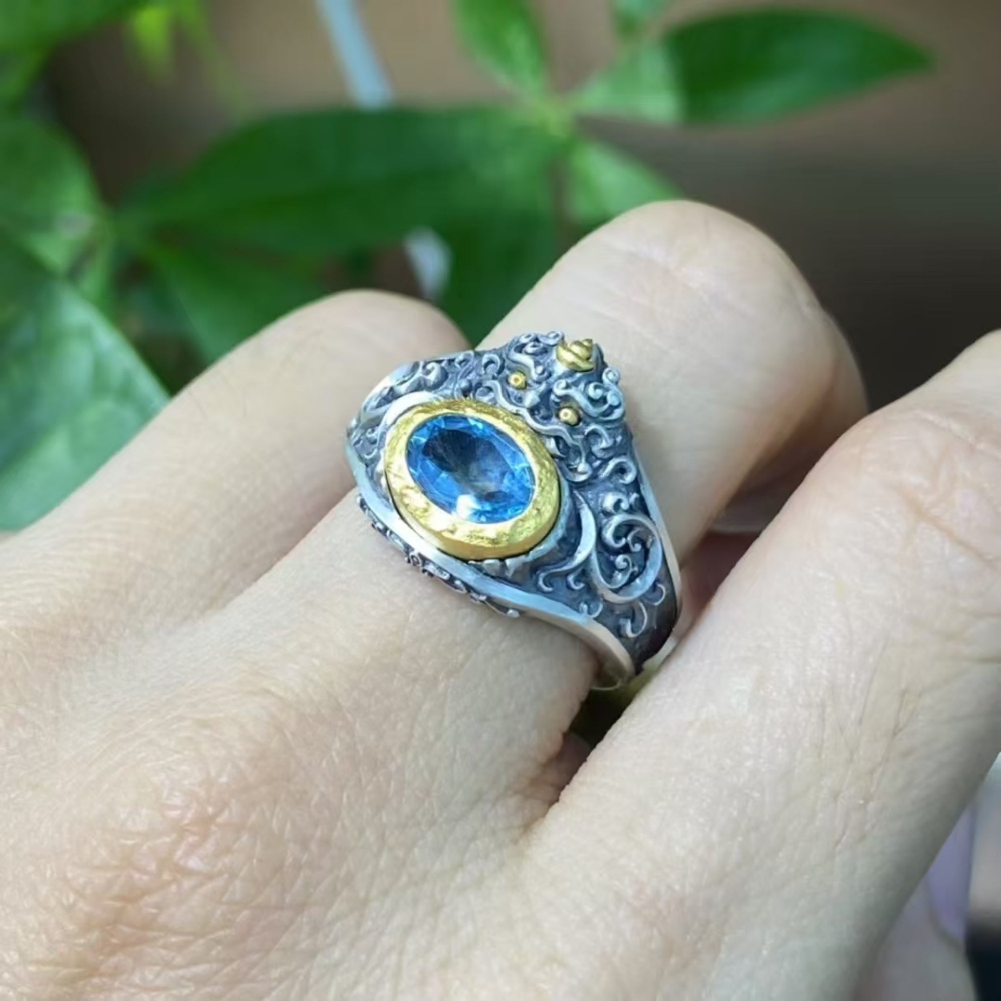 Tibetan Buddhist Zhibazha Sapphire Silver Ring