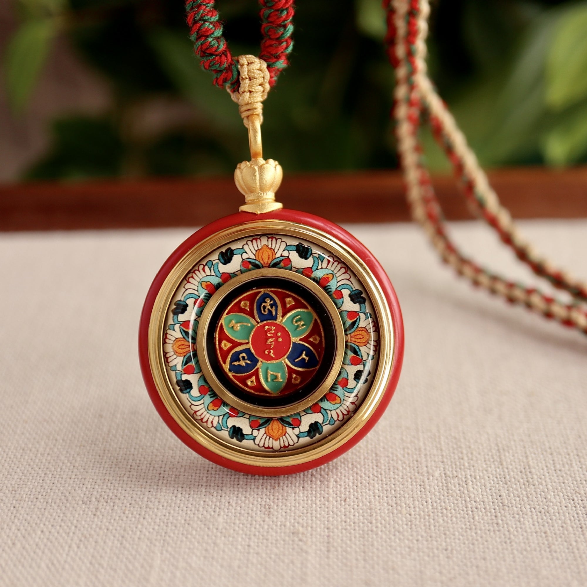 Tibetan Cinnabar Om Mani Padme Hum Amulet Necklace