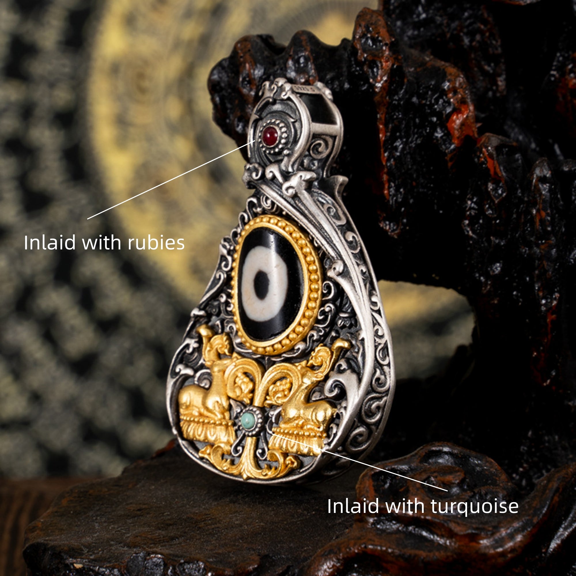 Tibetan Double-Deer Dzi Bead Sterling Silver Pendant