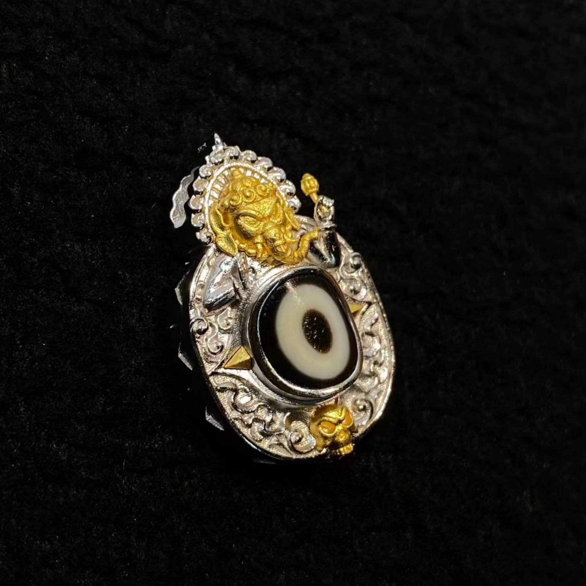 Tibetan Dzi Bead Elephant-Headed Deity Sterling Silver Pendant