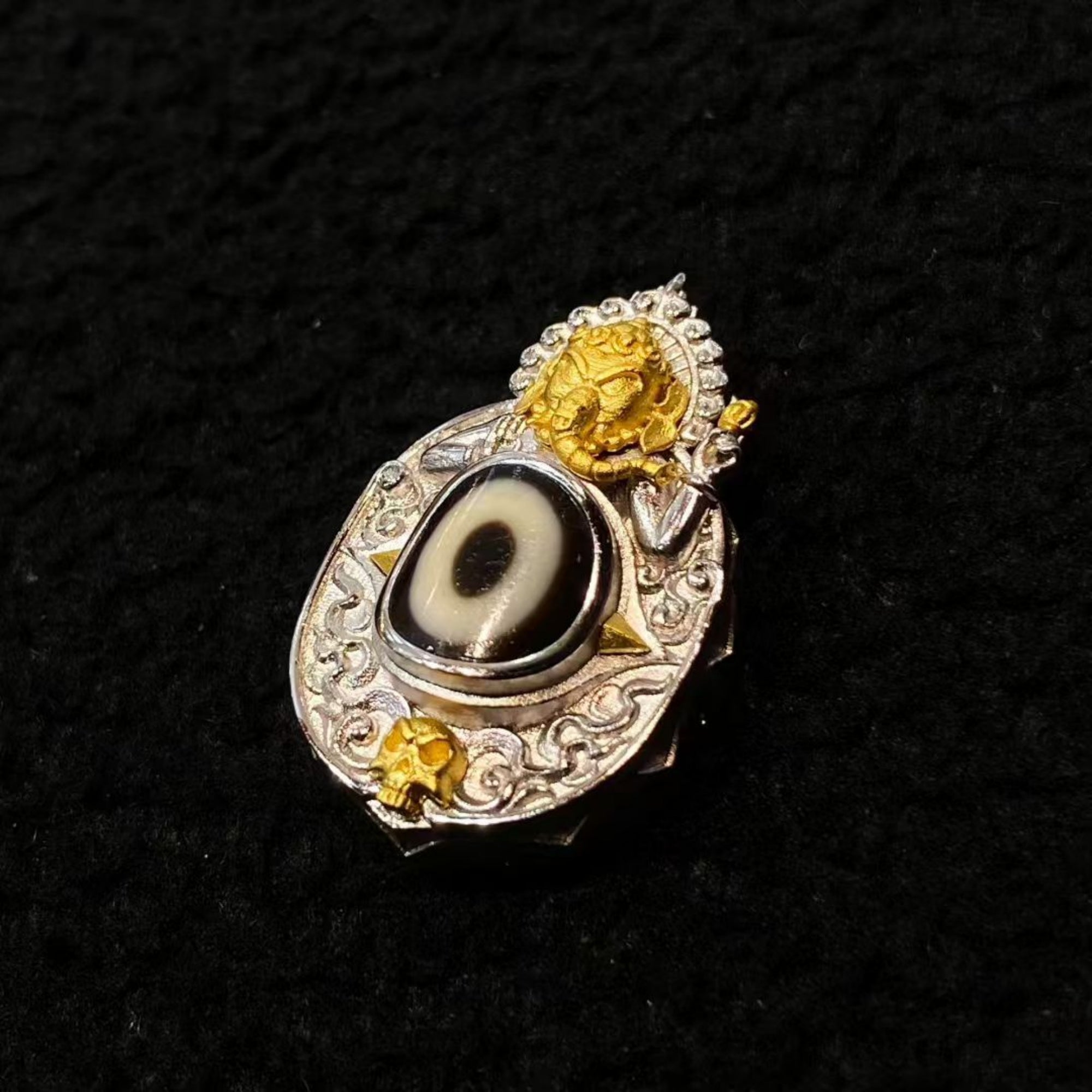 Tibetan Dzi Bead Elephant-Headed Deity Sterling Silver Pendant