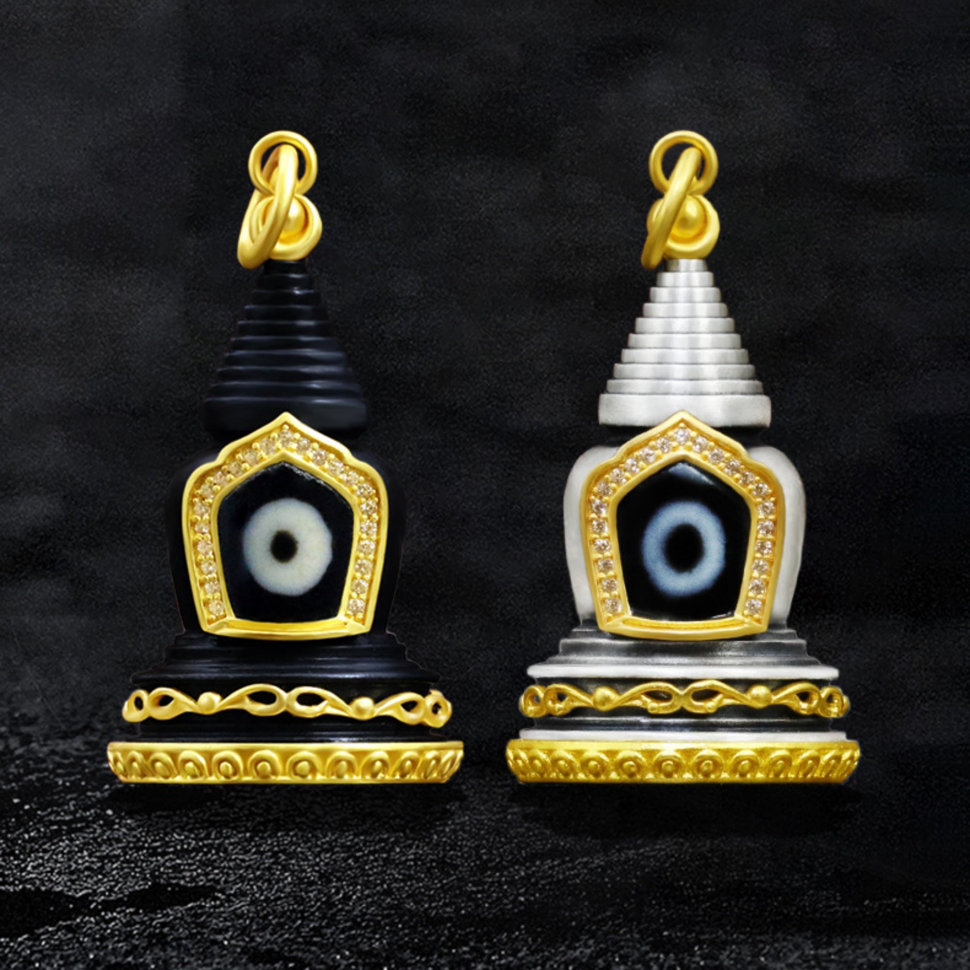 Tibetan Dzi Bead Sterling Silver Stupa Pendant