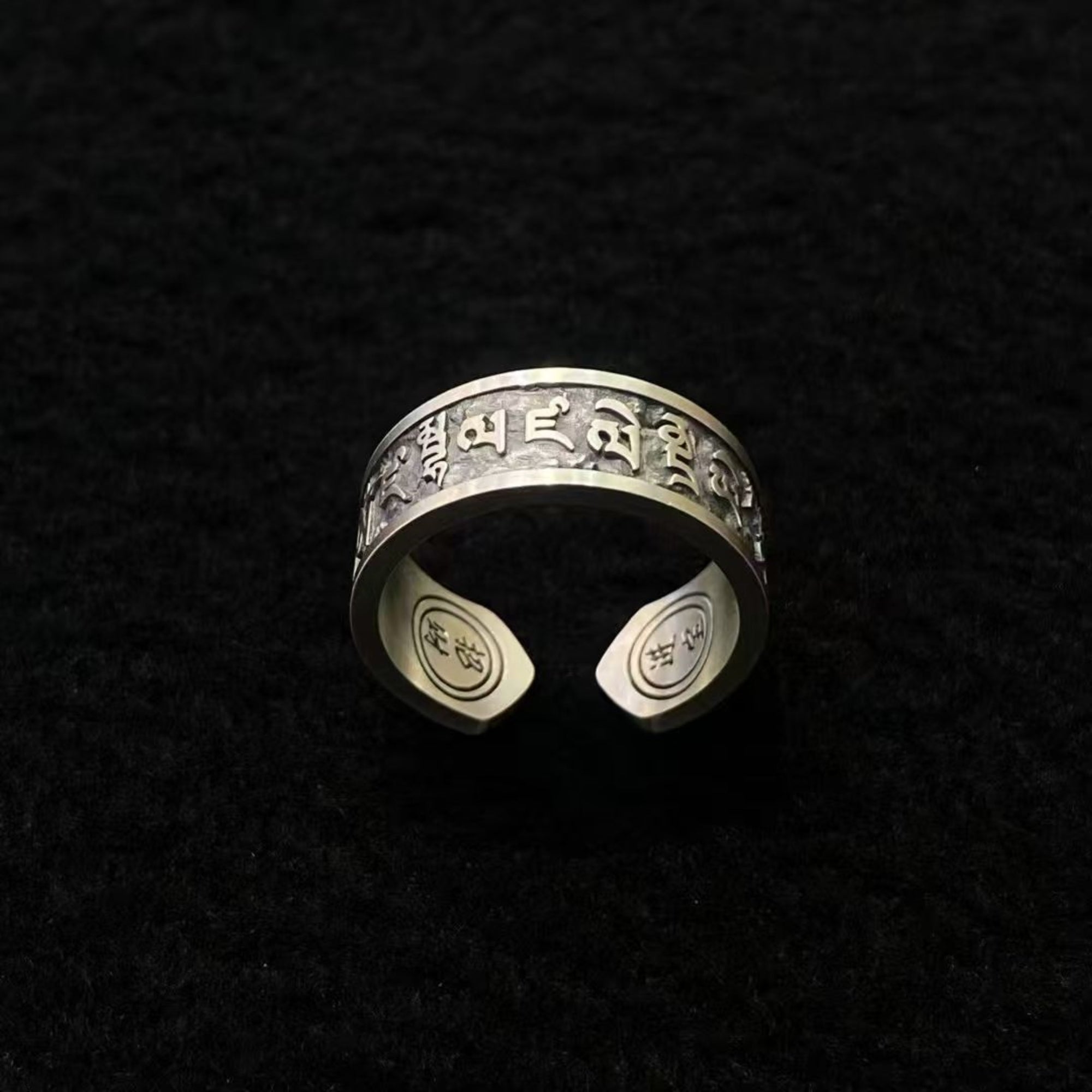 Tibetan God of Wealth Mantra Sterling Silver Adjustable Ring