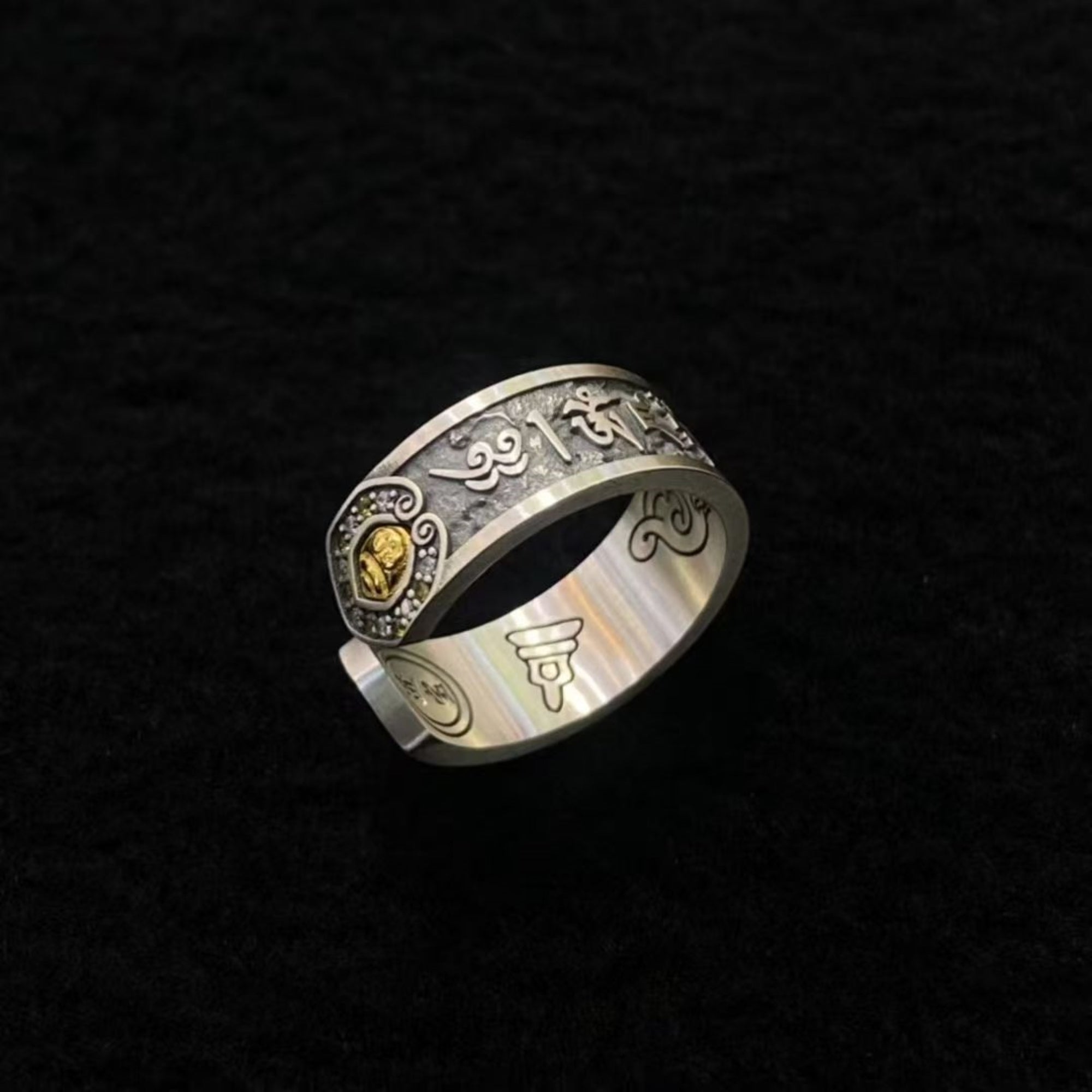 Tibetan God of Wealth Mantra Sterling Silver Adjustable Ring