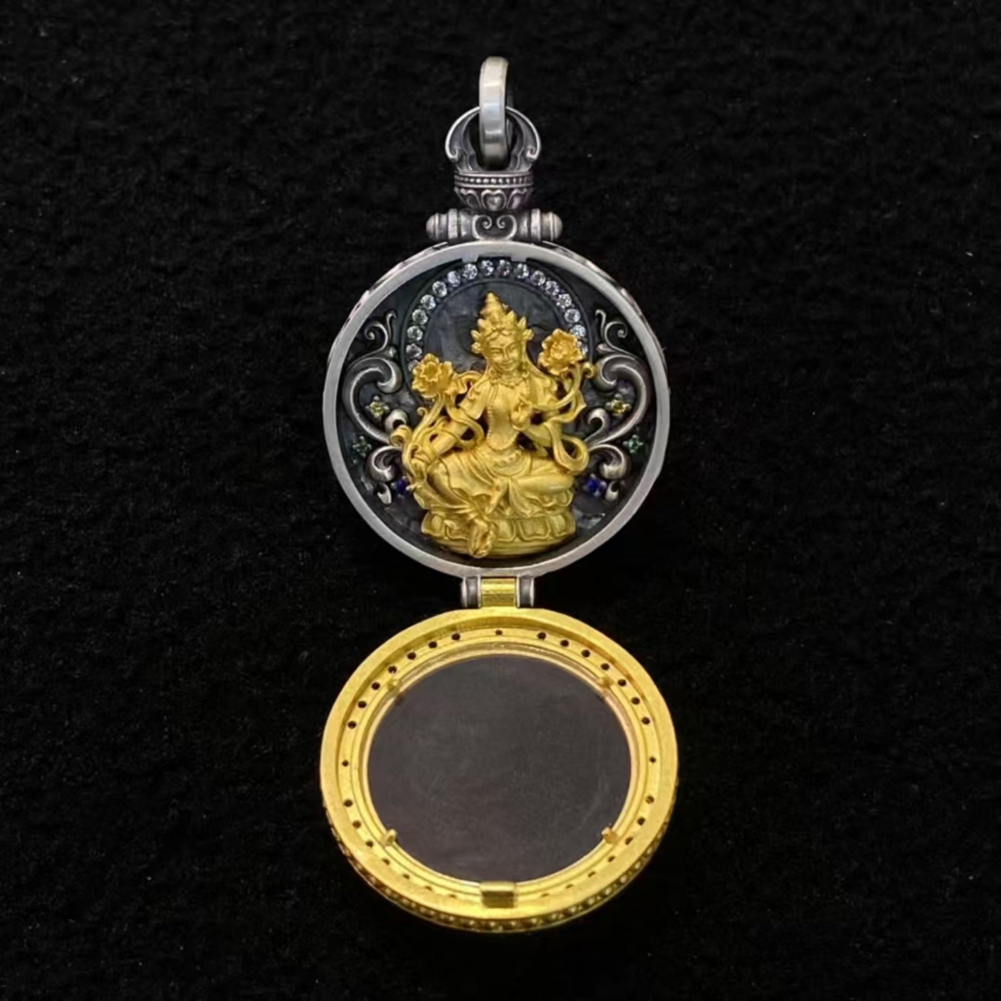 Tibetan Hand-Carved Green Tara Silver Gawu Box Pendant Necklace