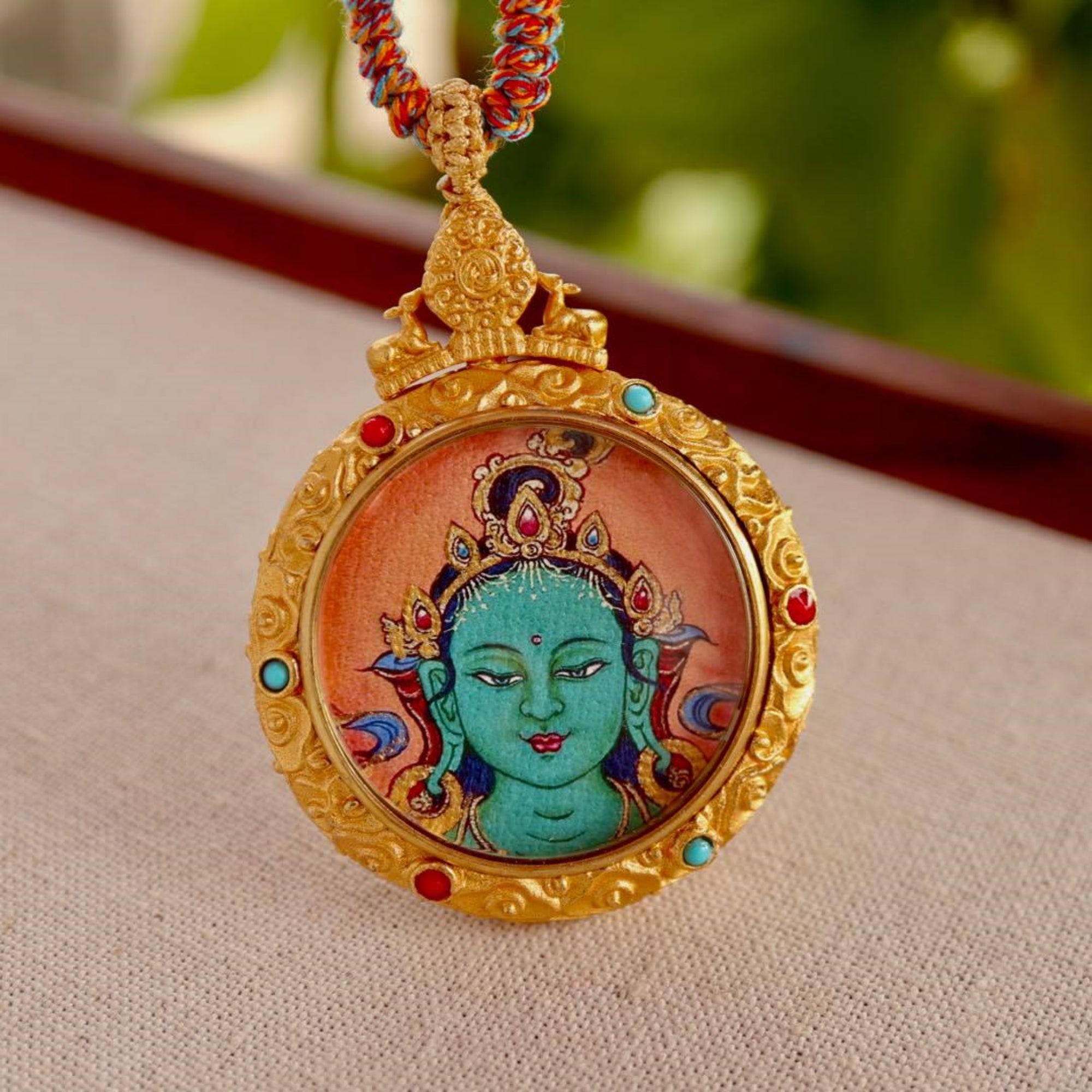 Tibetan Hand-Painted Green Tara & Mantra Dharma Wheel Thangka Necklace