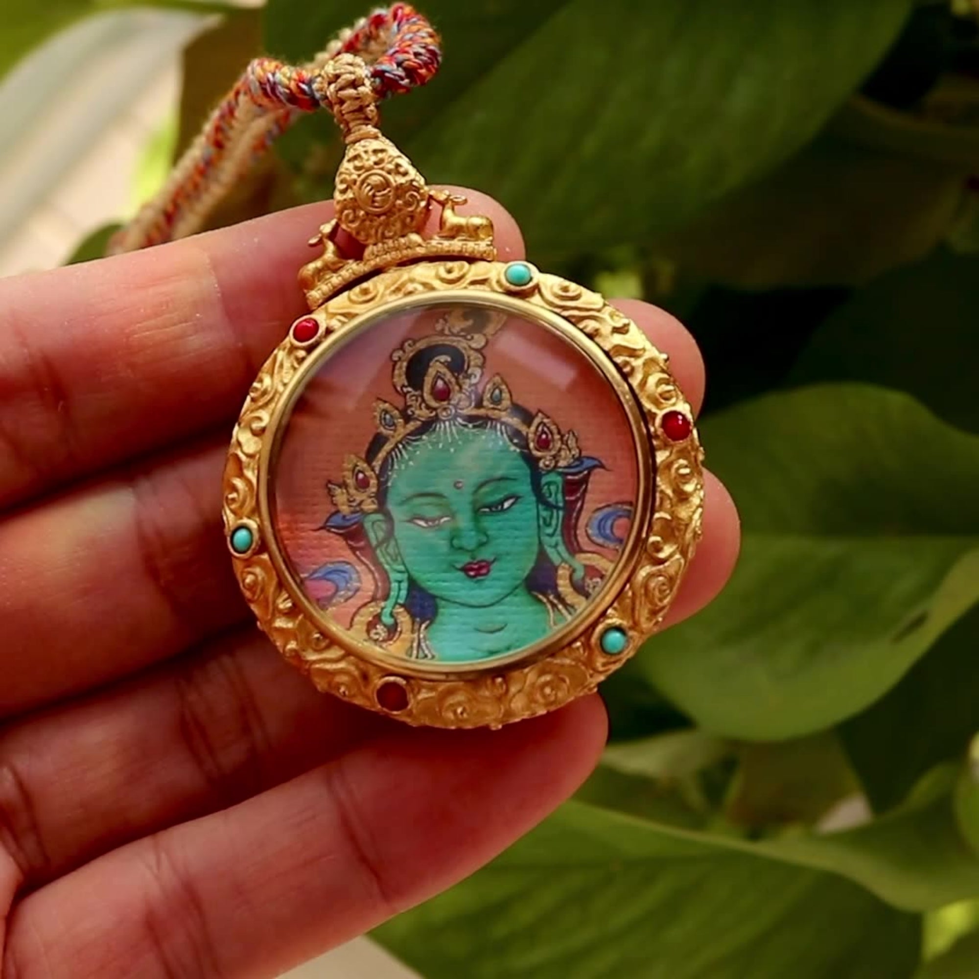 Tibetan Hand-Painted Green Tara & Mantra Dharma Wheel Thangka Necklace