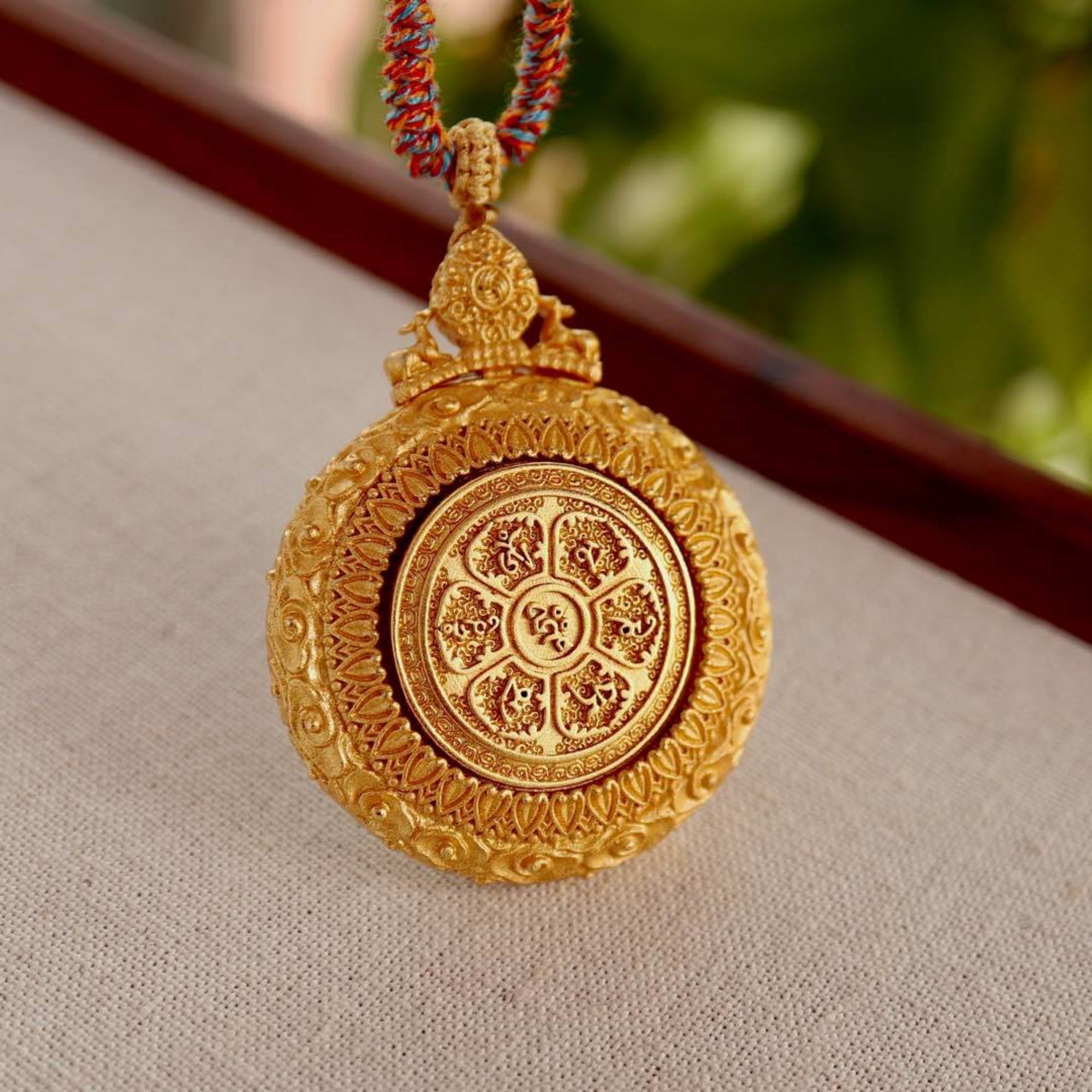 Tibetan Hand-Painted Green Tara & Mantra Dharma Wheel Thangka Necklace