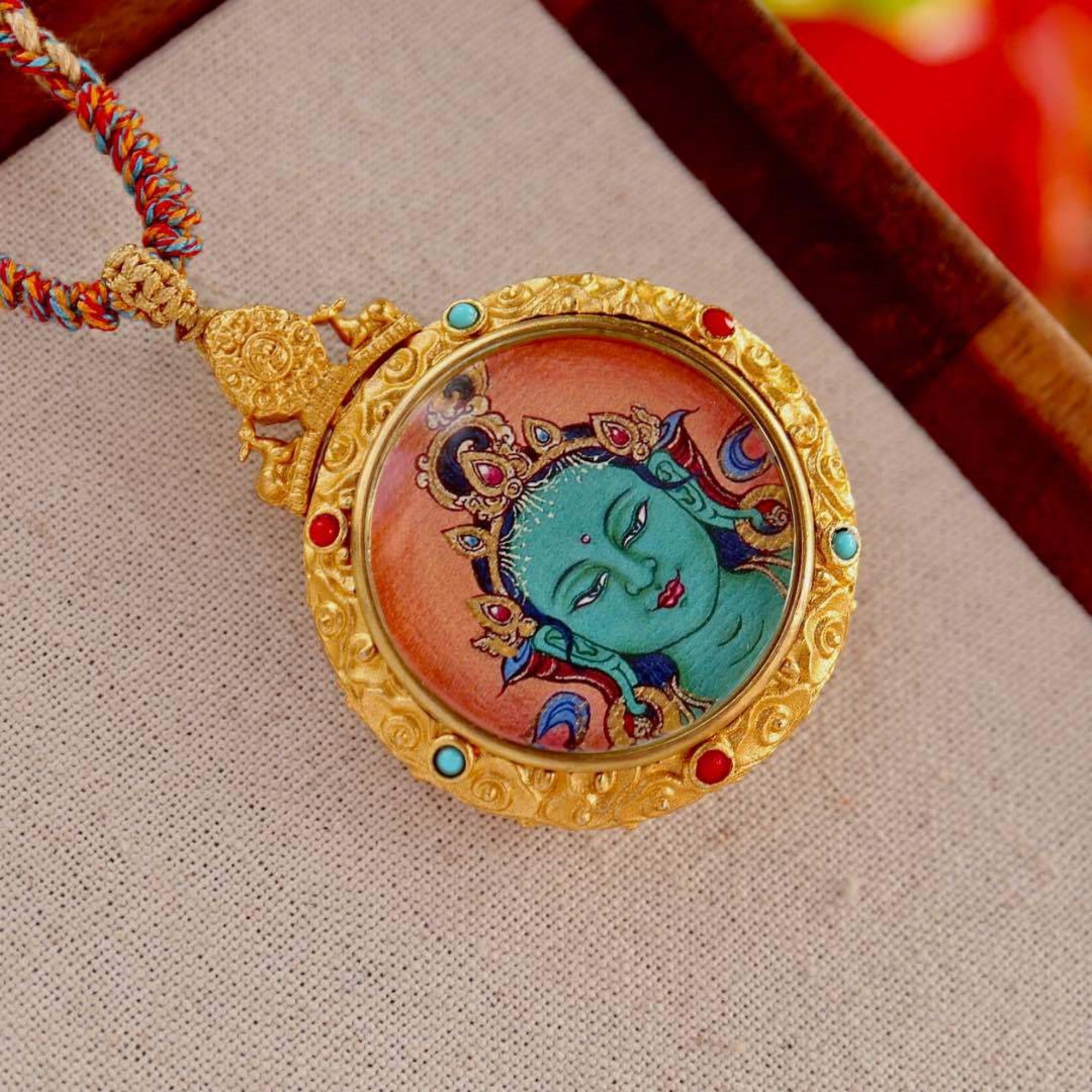 Tibetan Hand-Painted Green Tara & Mantra Dharma Wheel Thangka Necklace