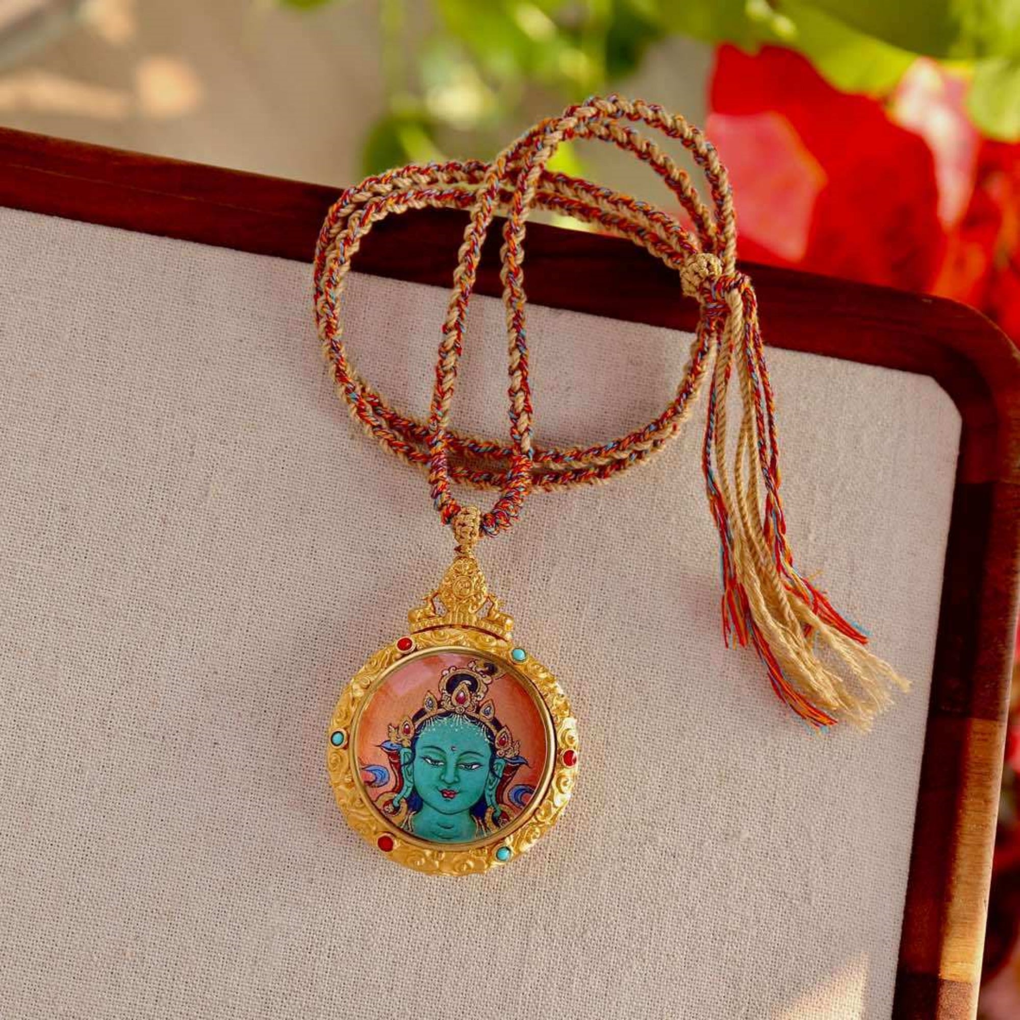 Tibetan Hand-Painted Green Tara & Mantra Dharma Wheel Thangka Necklace