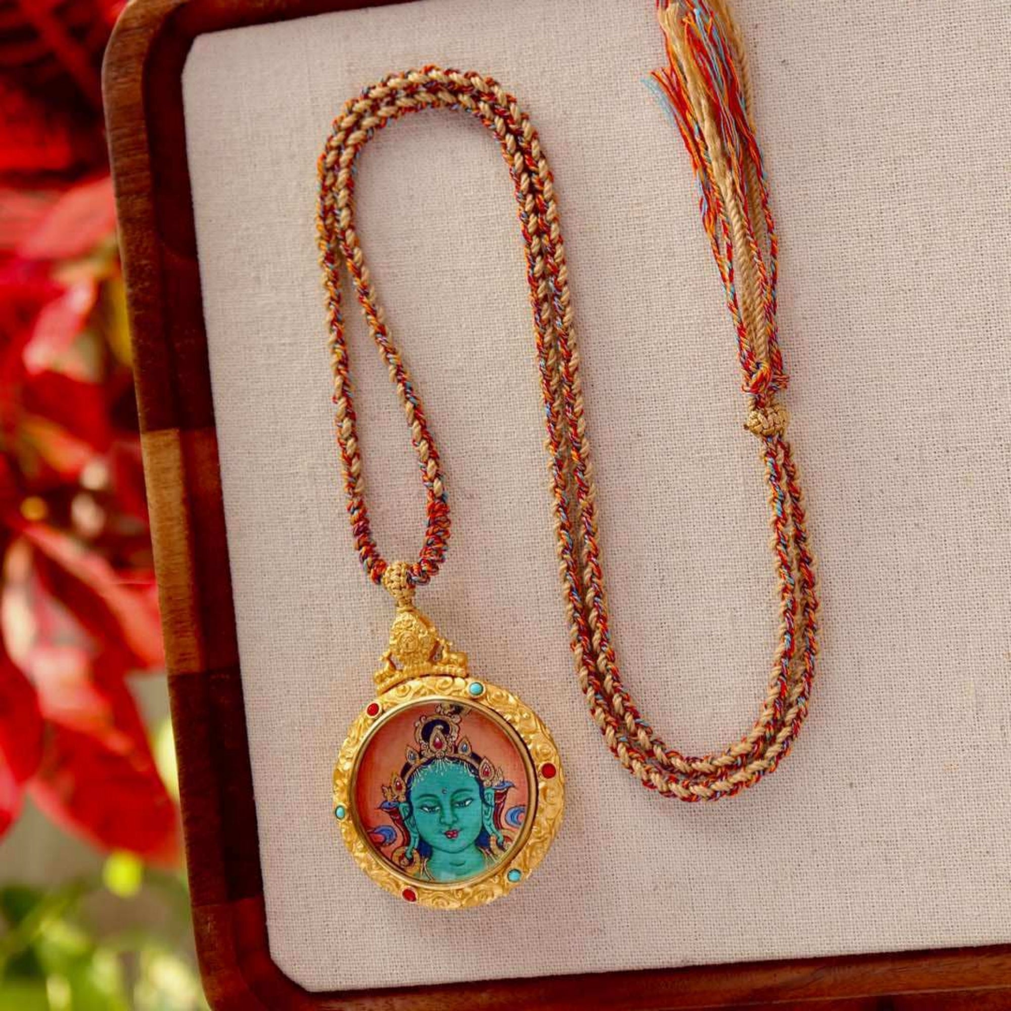 Tibetan Hand-Painted Green Tara & Mantra Dharma Wheel Thangka Necklace