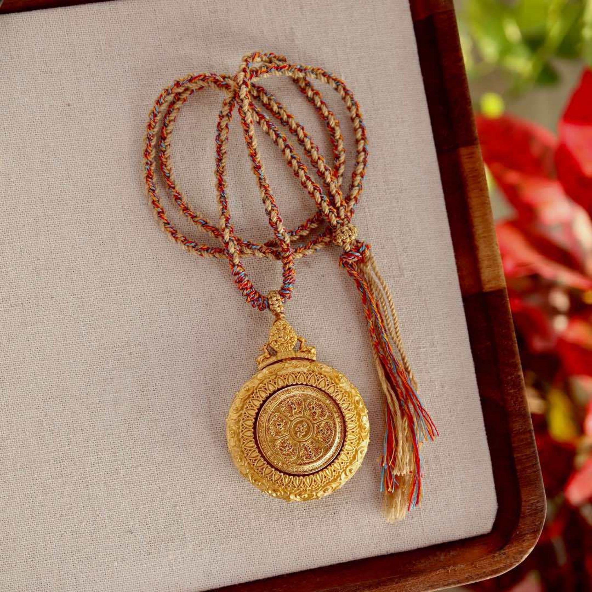 Tibetan Hand-Painted Green Tara & Mantra Dharma Wheel Thangka Necklace