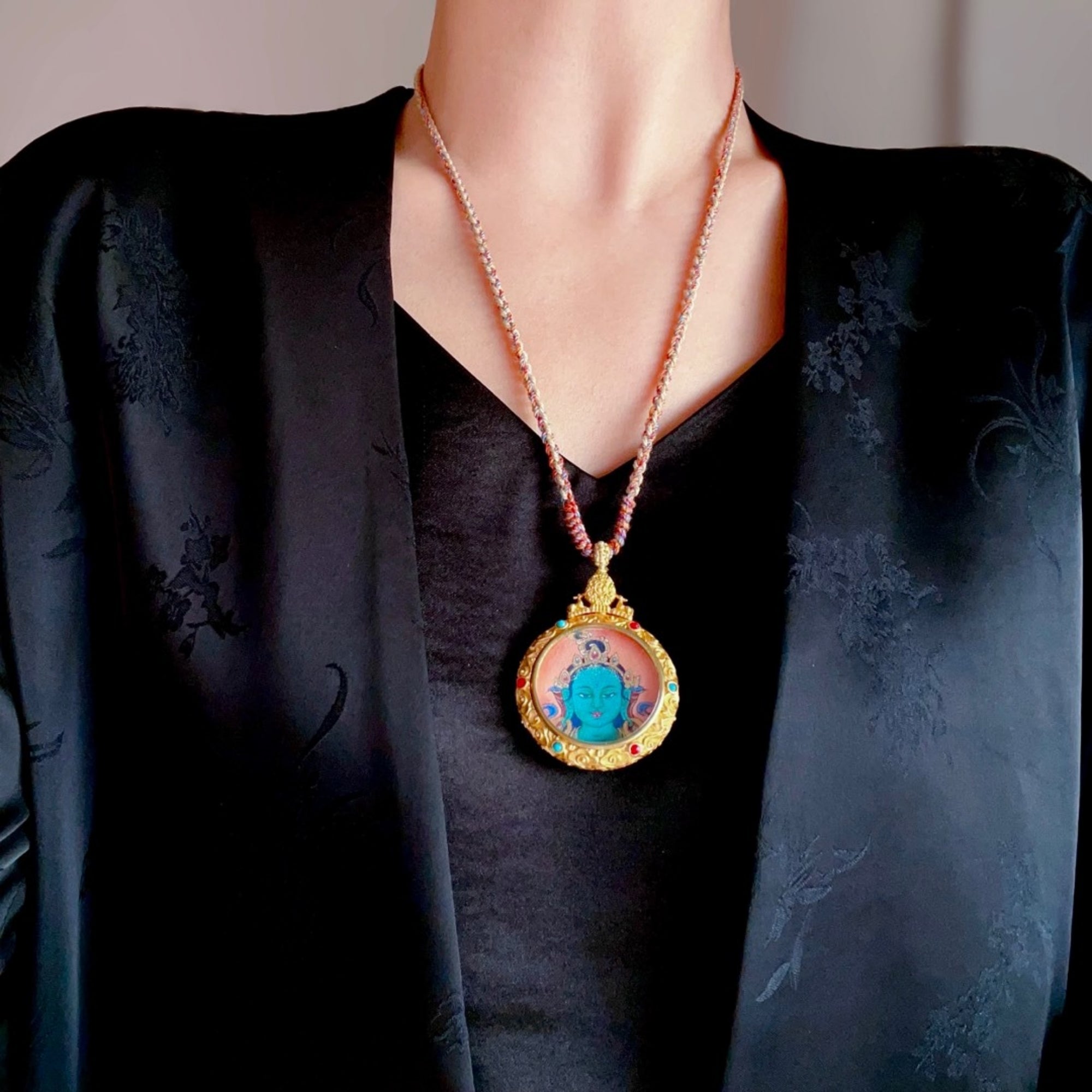 Tibetan Hand-Painted Green Tara & Mantra Dharma Wheel Thangka Necklace