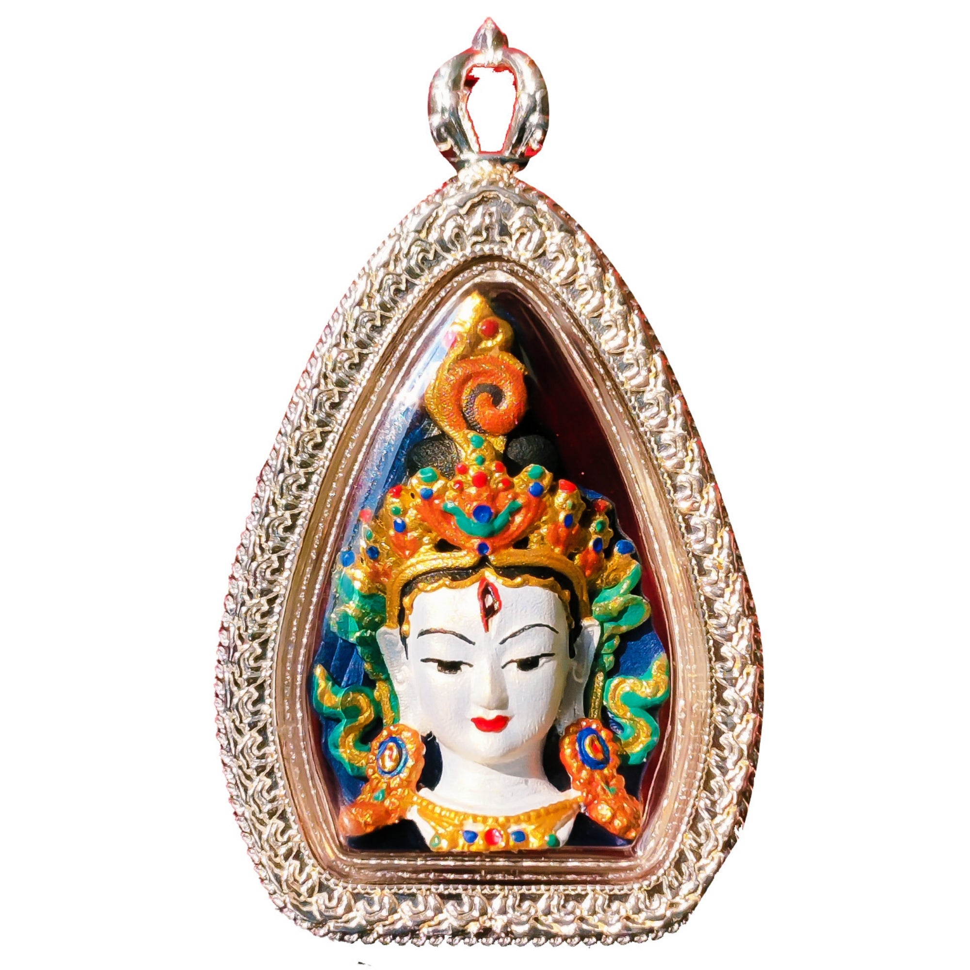 A teardrop-shaped Thai amulet pendant featuring a hand-painted deity face with a gold-toned filigree frame and a decorative top loop, set against a plain white background.