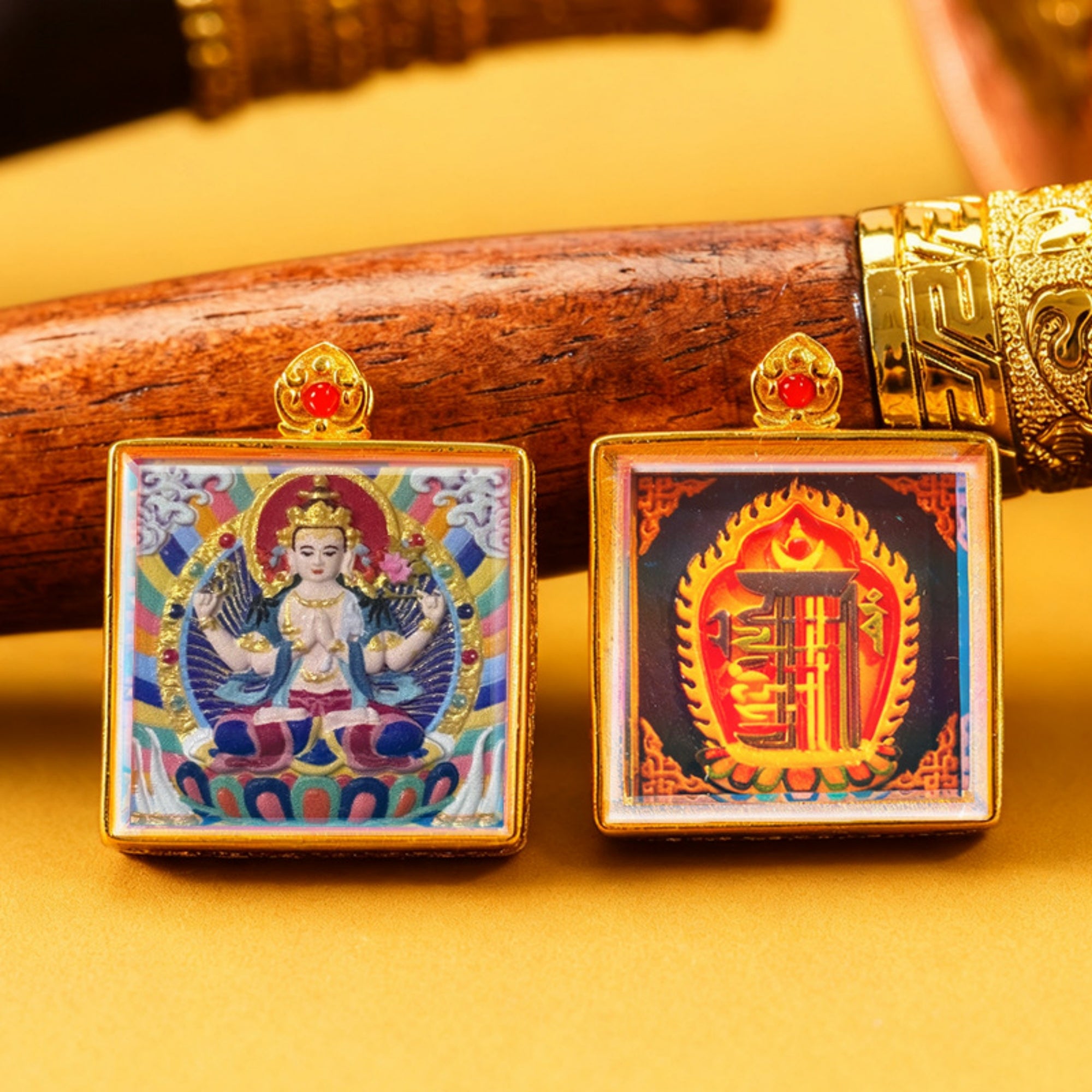 Two decorative square items with intricate designs on a yellow background
