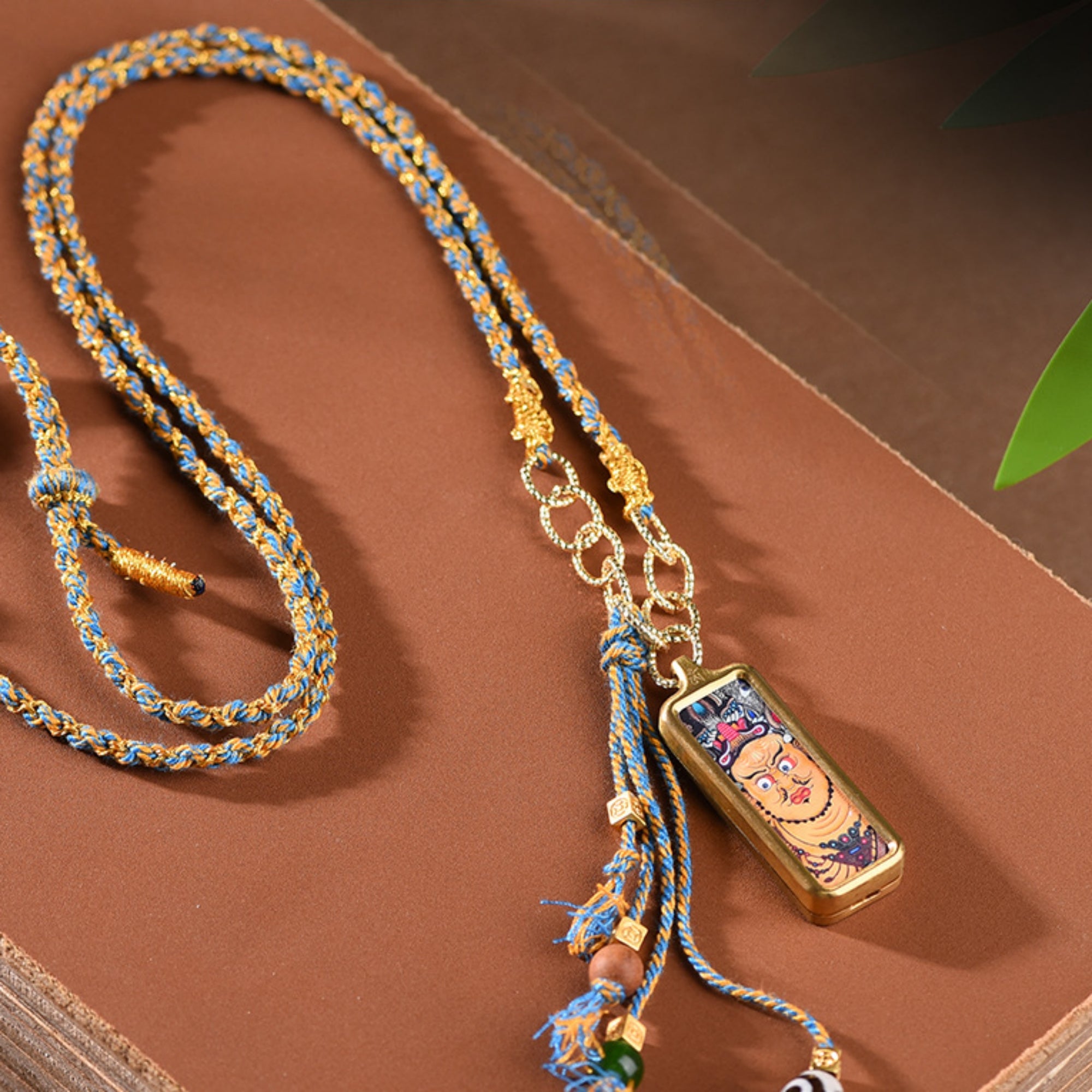 Tibetan Hand-Painted Yellow Wealth Deity Thangka Necklace