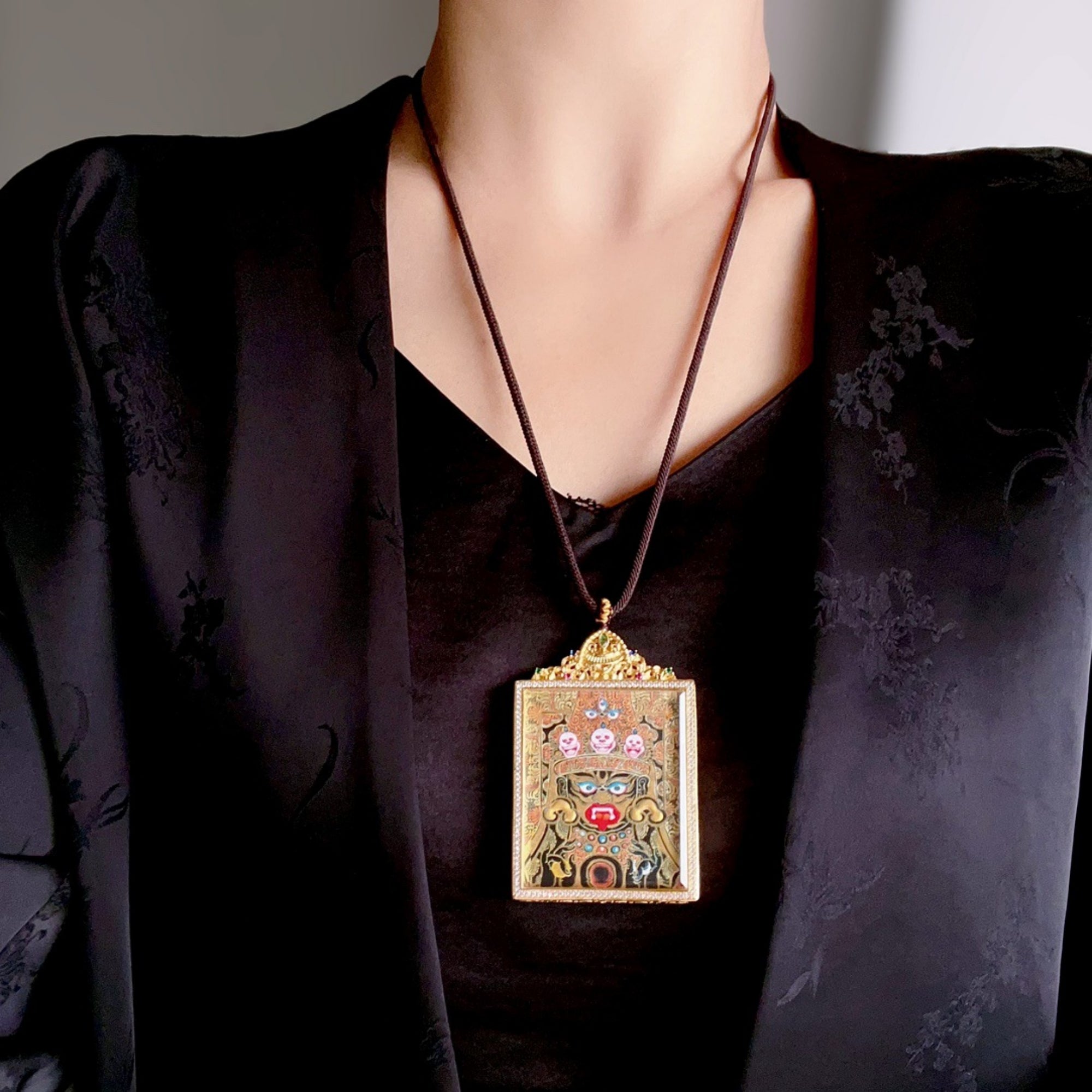 Tibetan Hand-Painted Zakiram Thangka Amulet Necklace