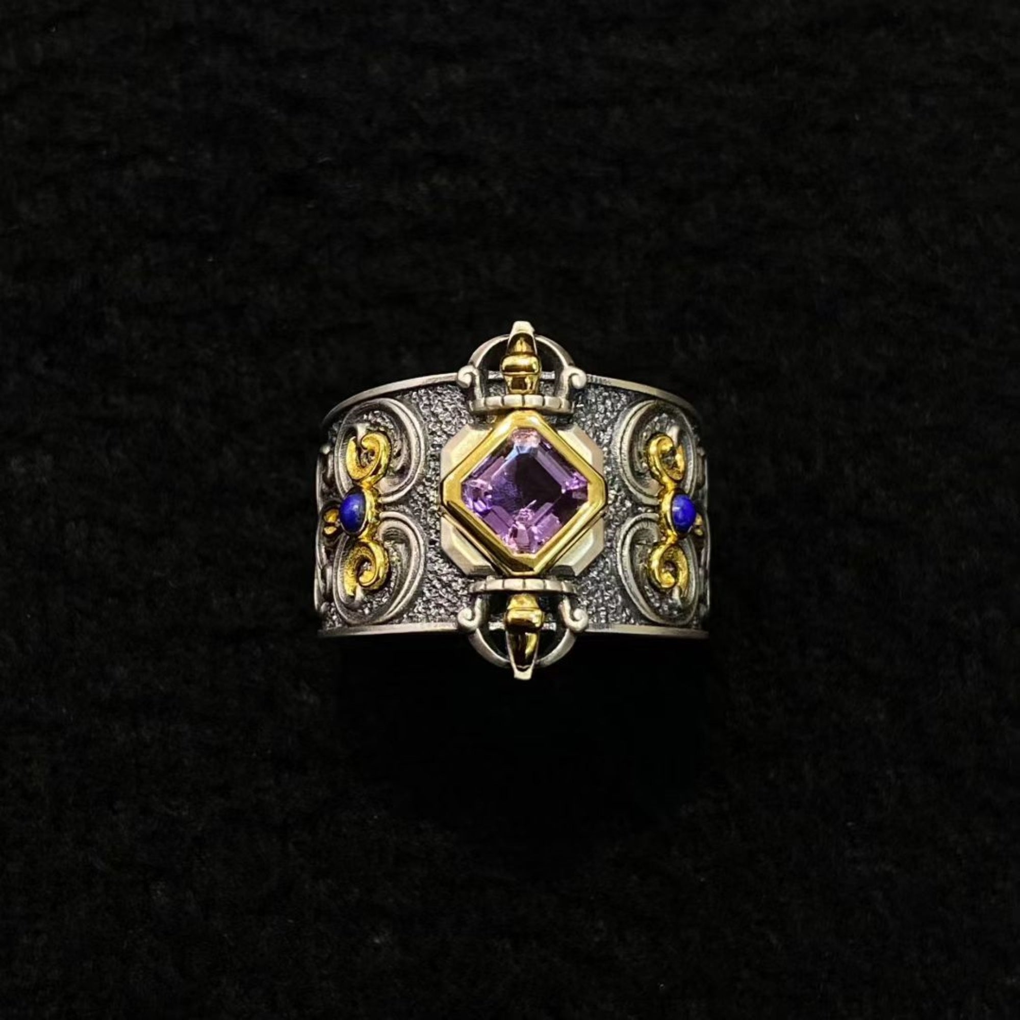 Tibetan Handmade Amethyst & Sterling Silver Vajra Adjustable Ring