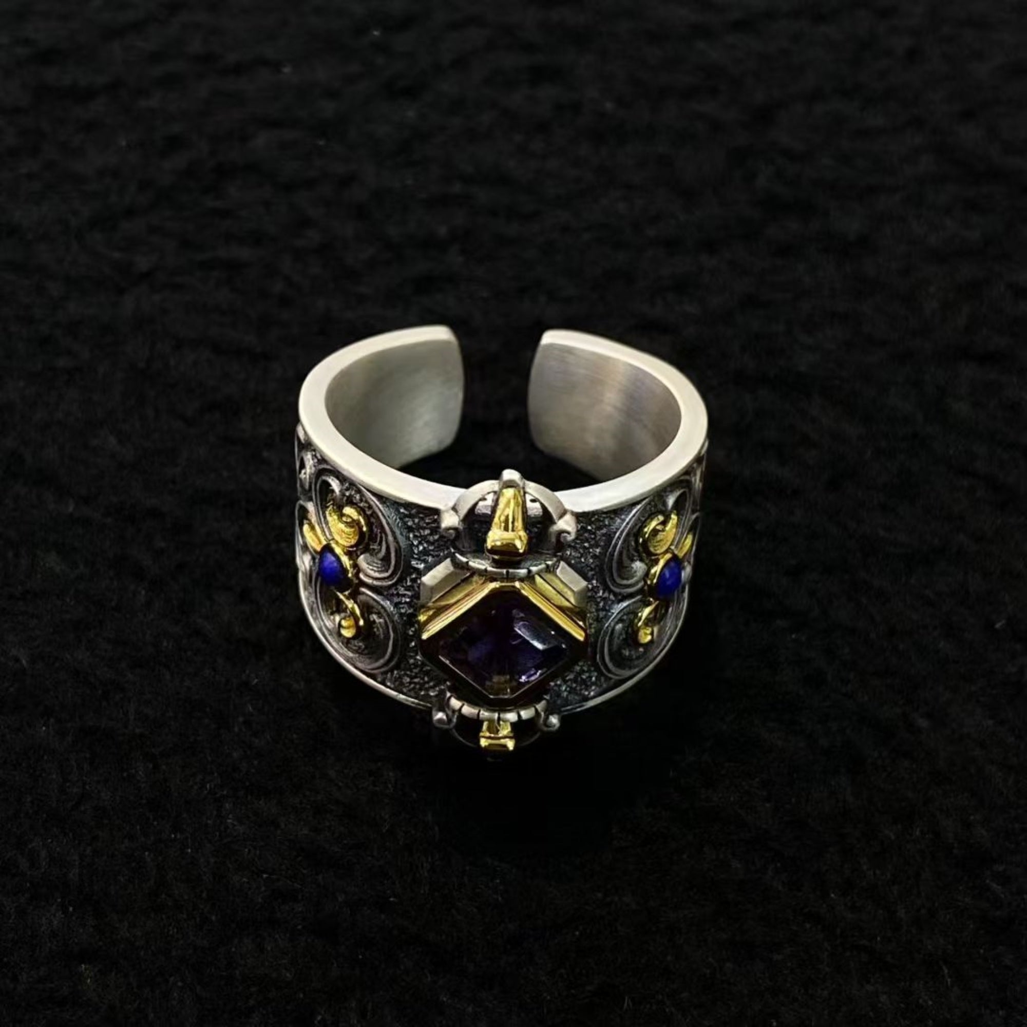 Tibetan Handmade Amethyst & Sterling Silver Vajra Adjustable Ring