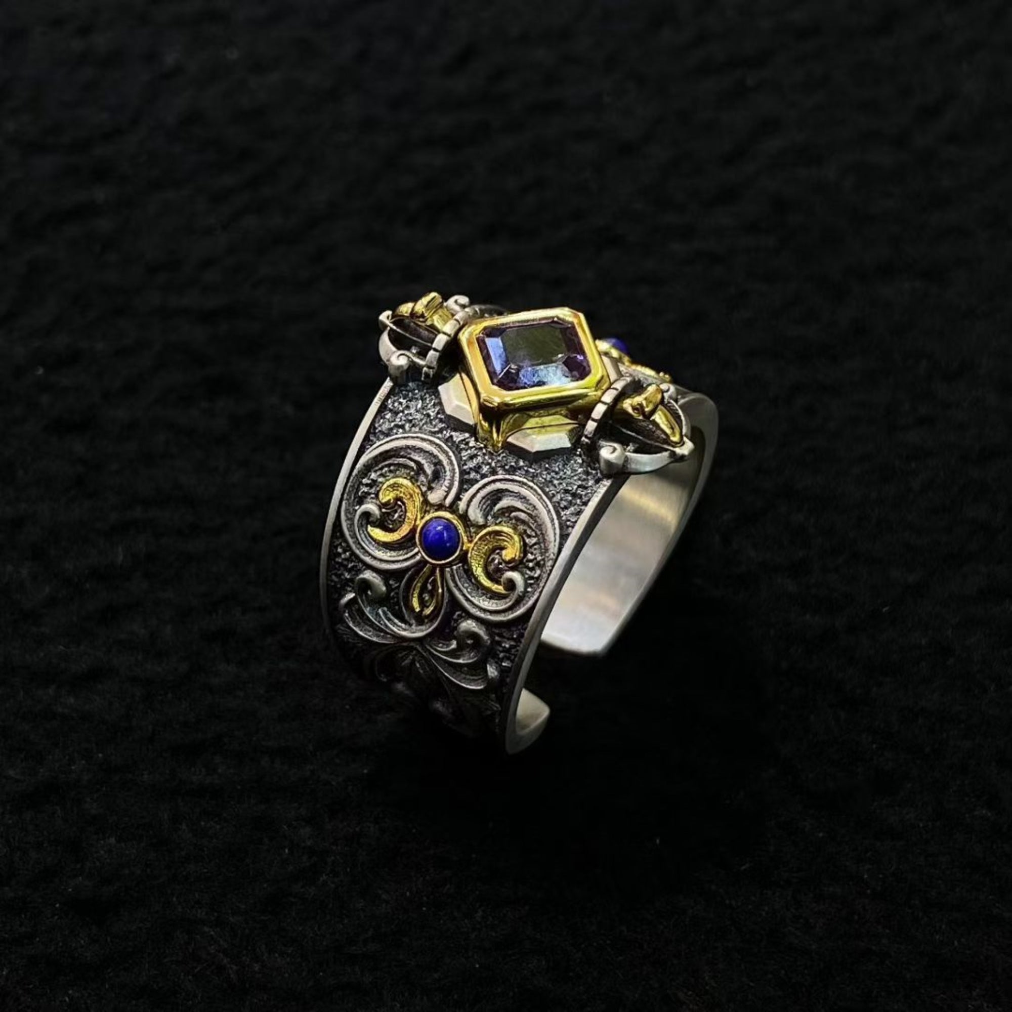 Tibetan Handmade Amethyst & Sterling Silver Vajra Adjustable Ring