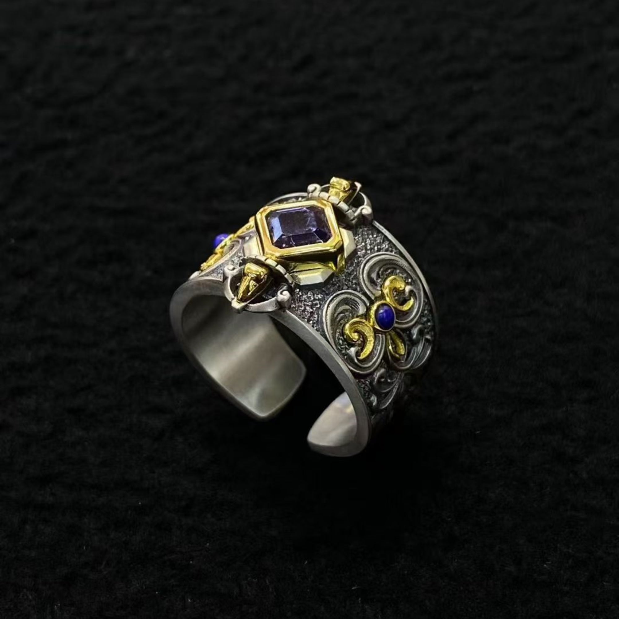 Tibetan Handmade Amethyst & Sterling Silver Vajra Adjustable Ring