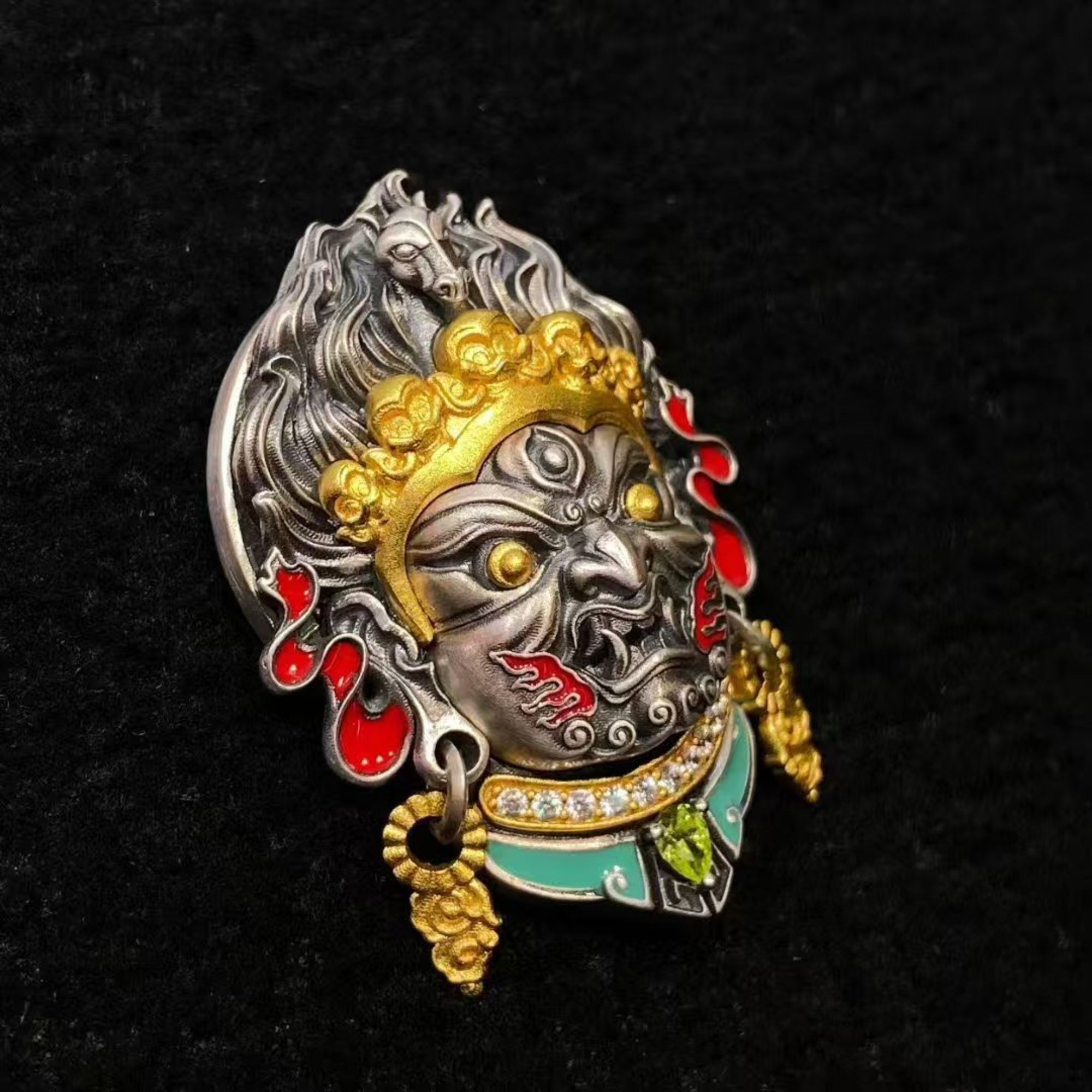 Tibetan Hayagriva (Horse-Headed Wisdom King) Sterling Silver Crystal Enamel Amulet Pendant