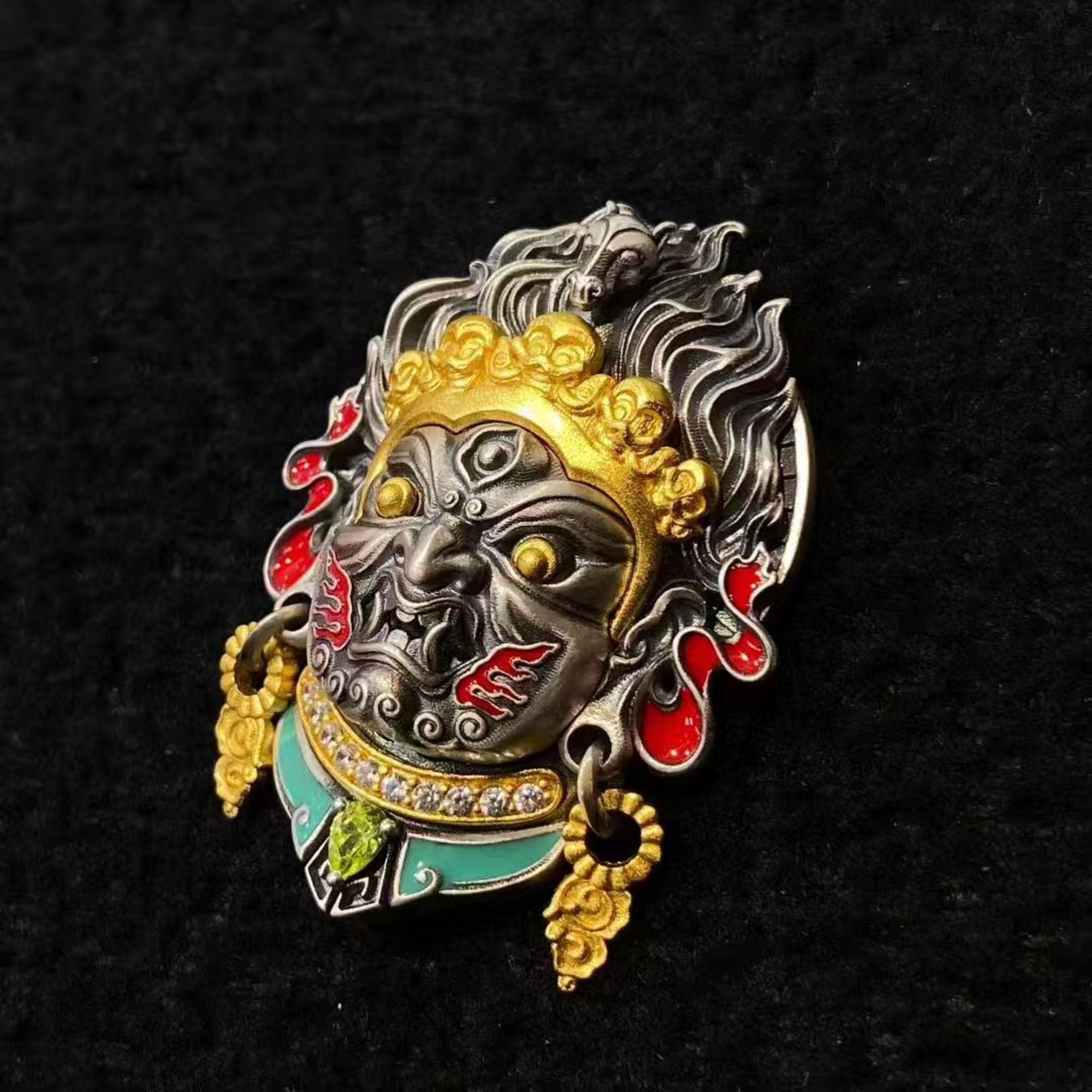 Tibetan Hayagriva (Horse-Headed Wisdom King) Sterling Silver Crystal Enamel Amulet Pendant