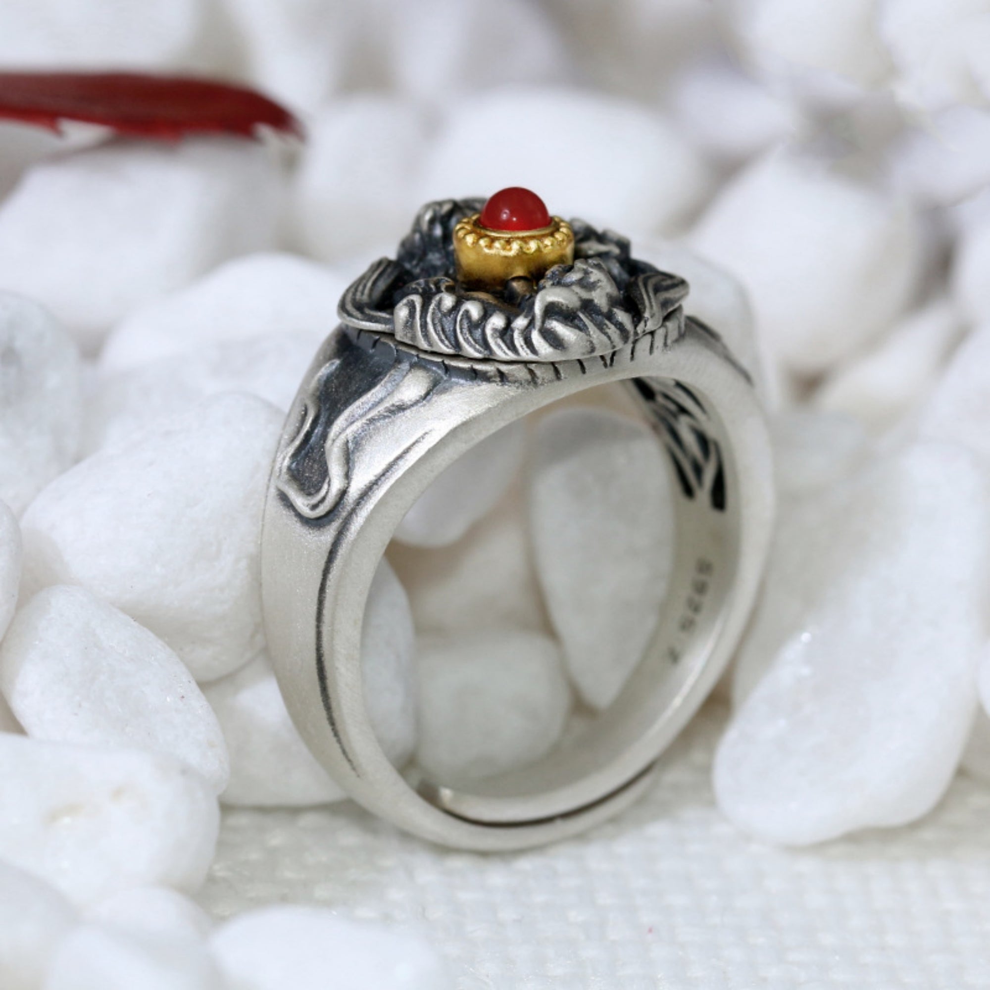 Tibetan Snow Lion Ruby Sterling Silver Ring