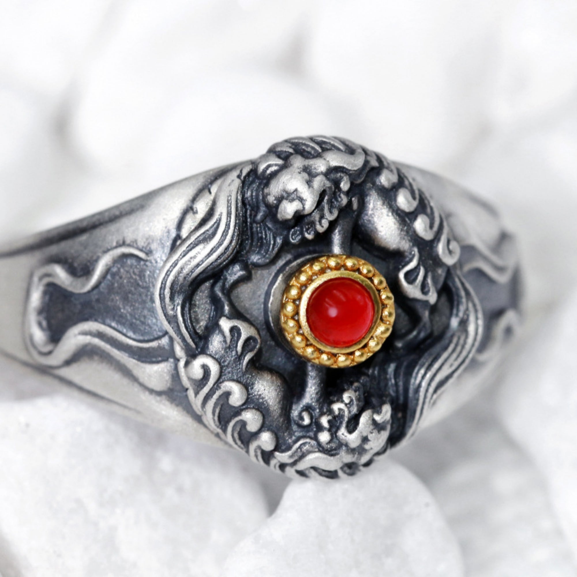 Tibetan Snow Lion Ruby Sterling Silver Ring
