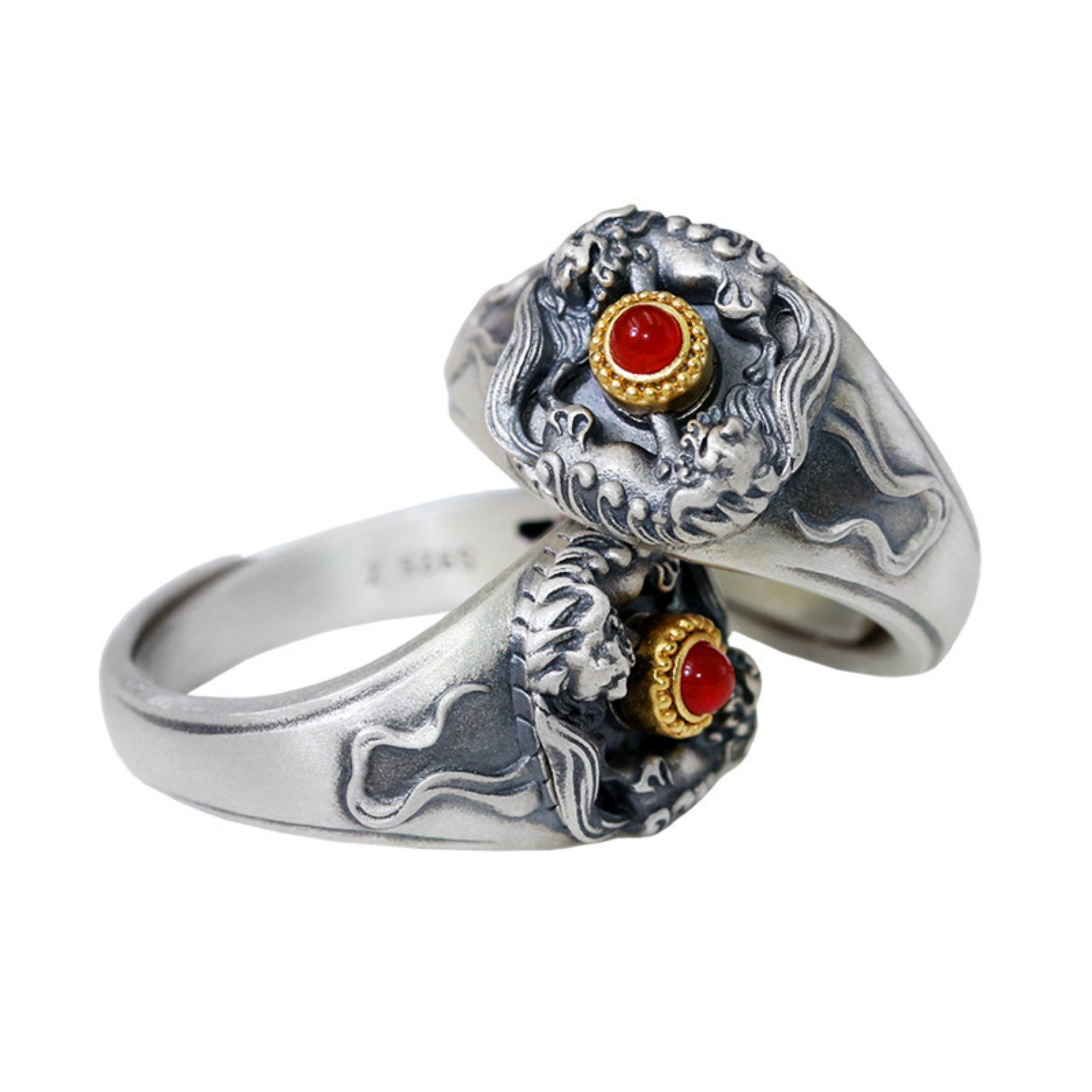 Tibetan Snow Lion Ruby Sterling Silver Ring