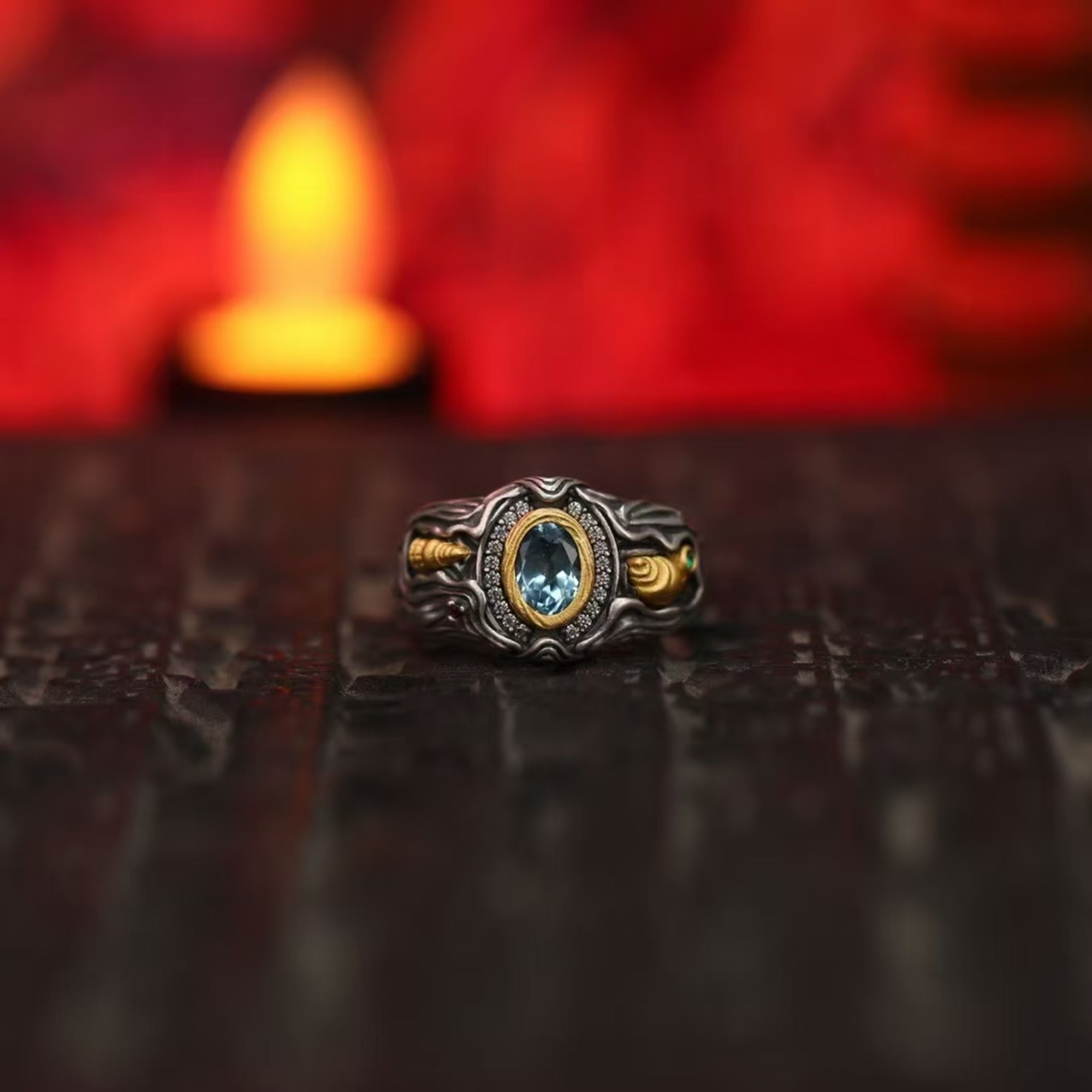 Tibetan Stupa & Conch Sapphire Silver Ring