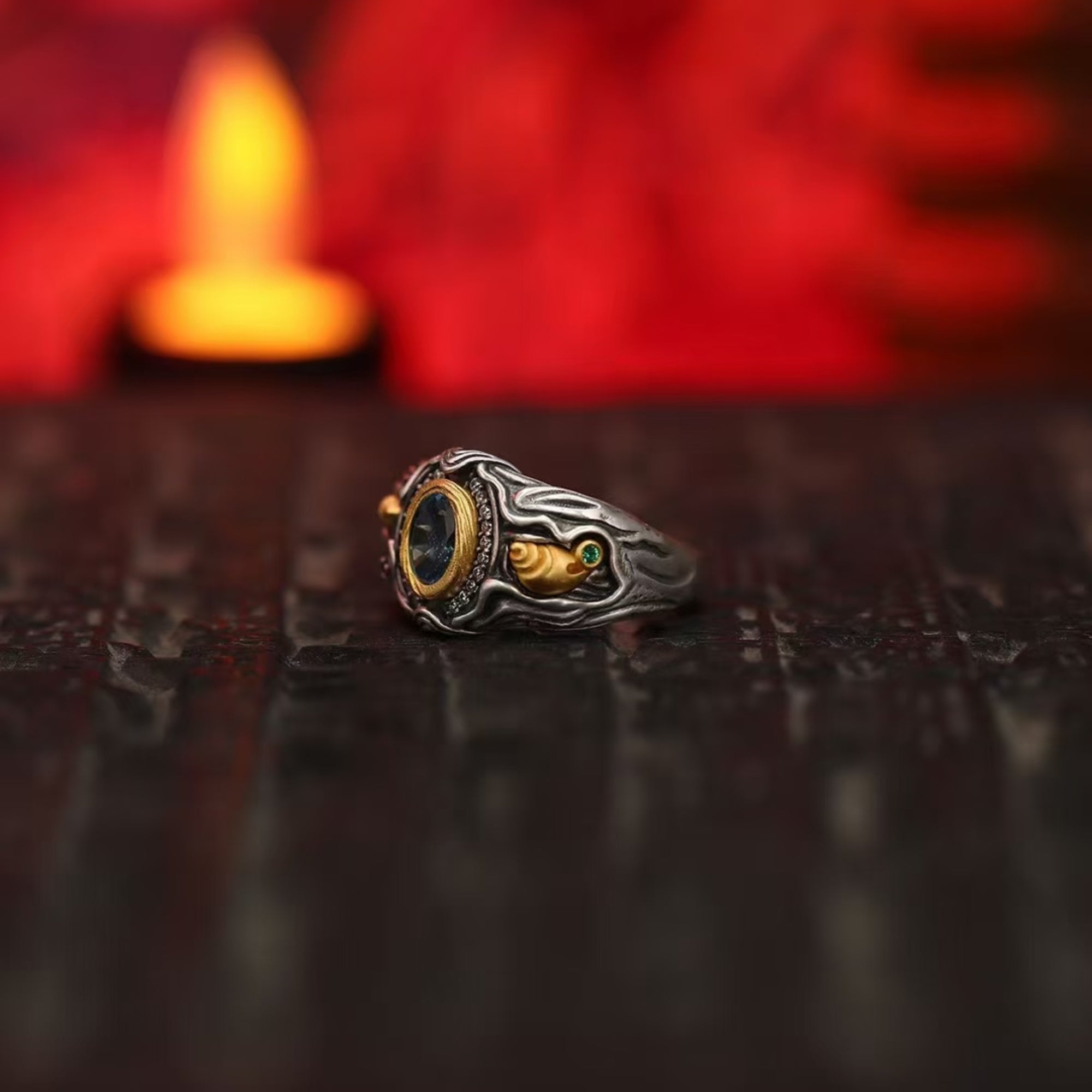 Tibetan Stupa & Conch Sapphire Silver Ring
