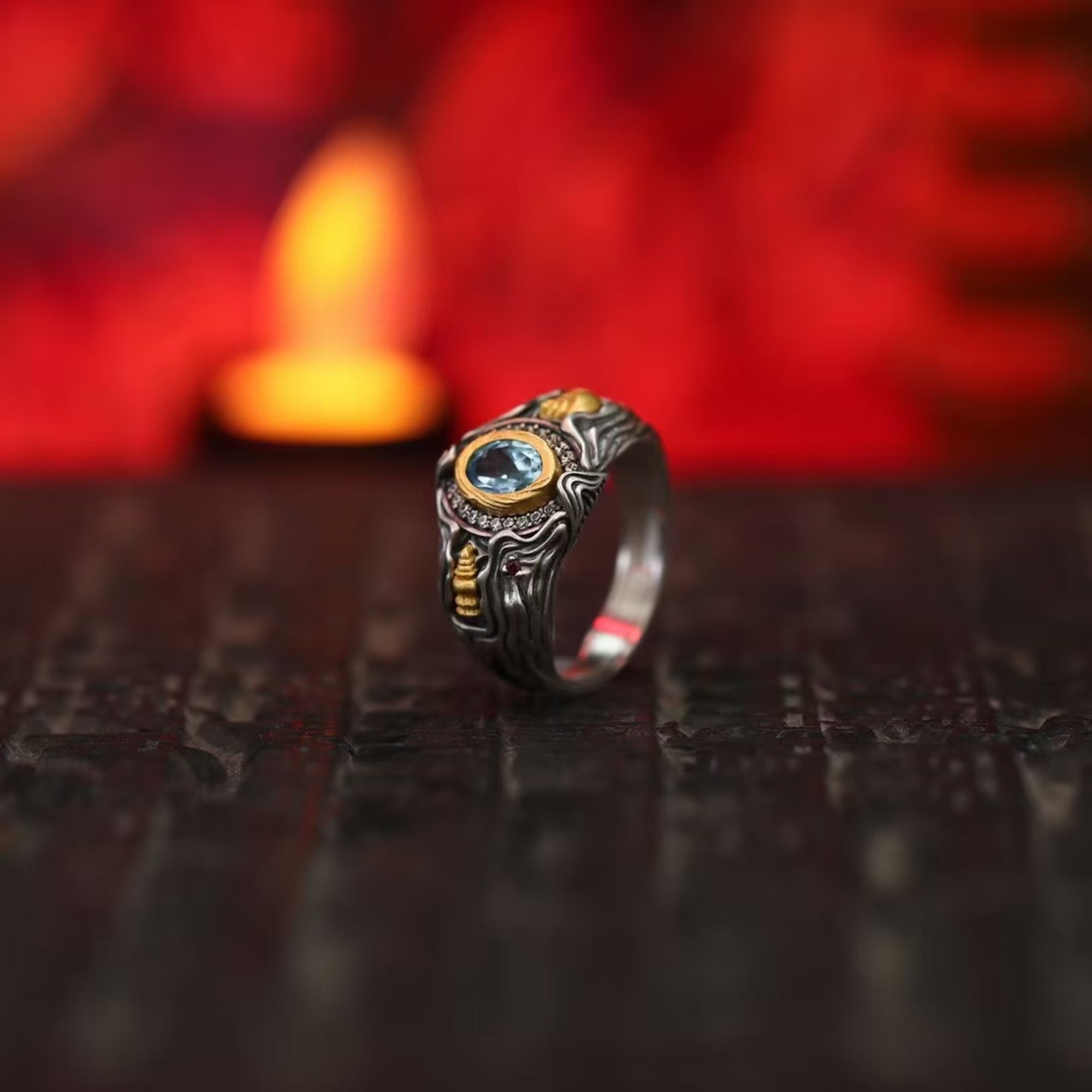 Tibetan Stupa & Conch Sapphire Silver Ring