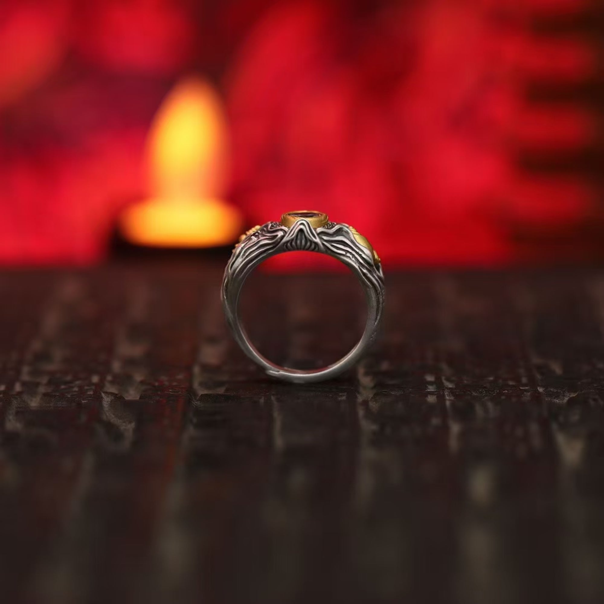 Tibetan Stupa & Conch Sapphire Silver Ring