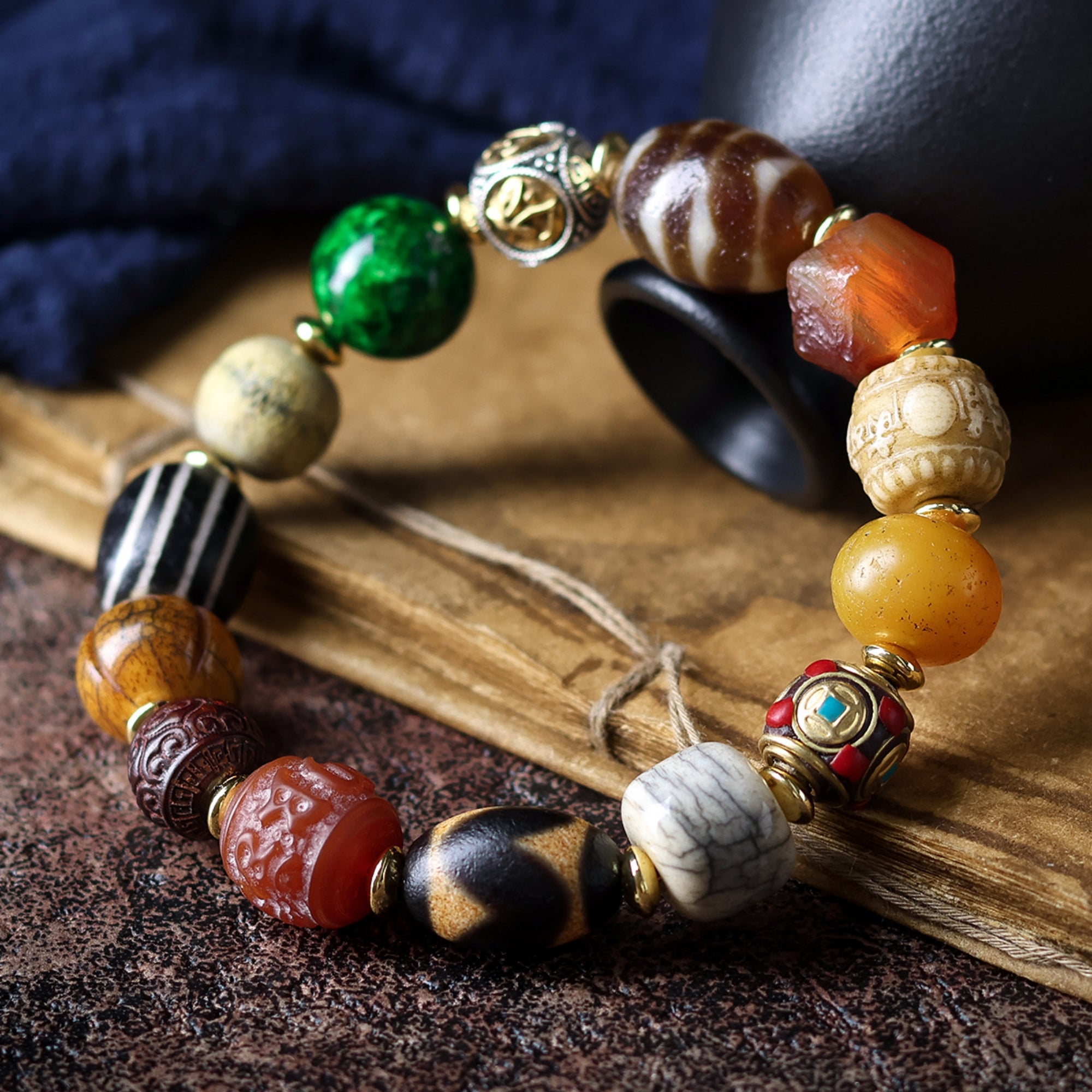 Tibetan Yak Bone Bead Silver Amulet Bracelet